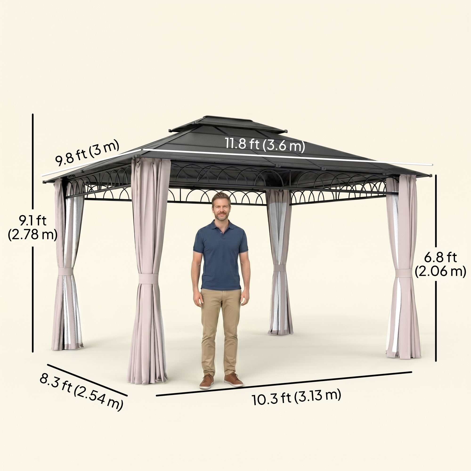 10' x 12' Outdoor Gazebo Canopy, Polycarbonate Roof, Steel Frame, Khaki-DECOROLALA