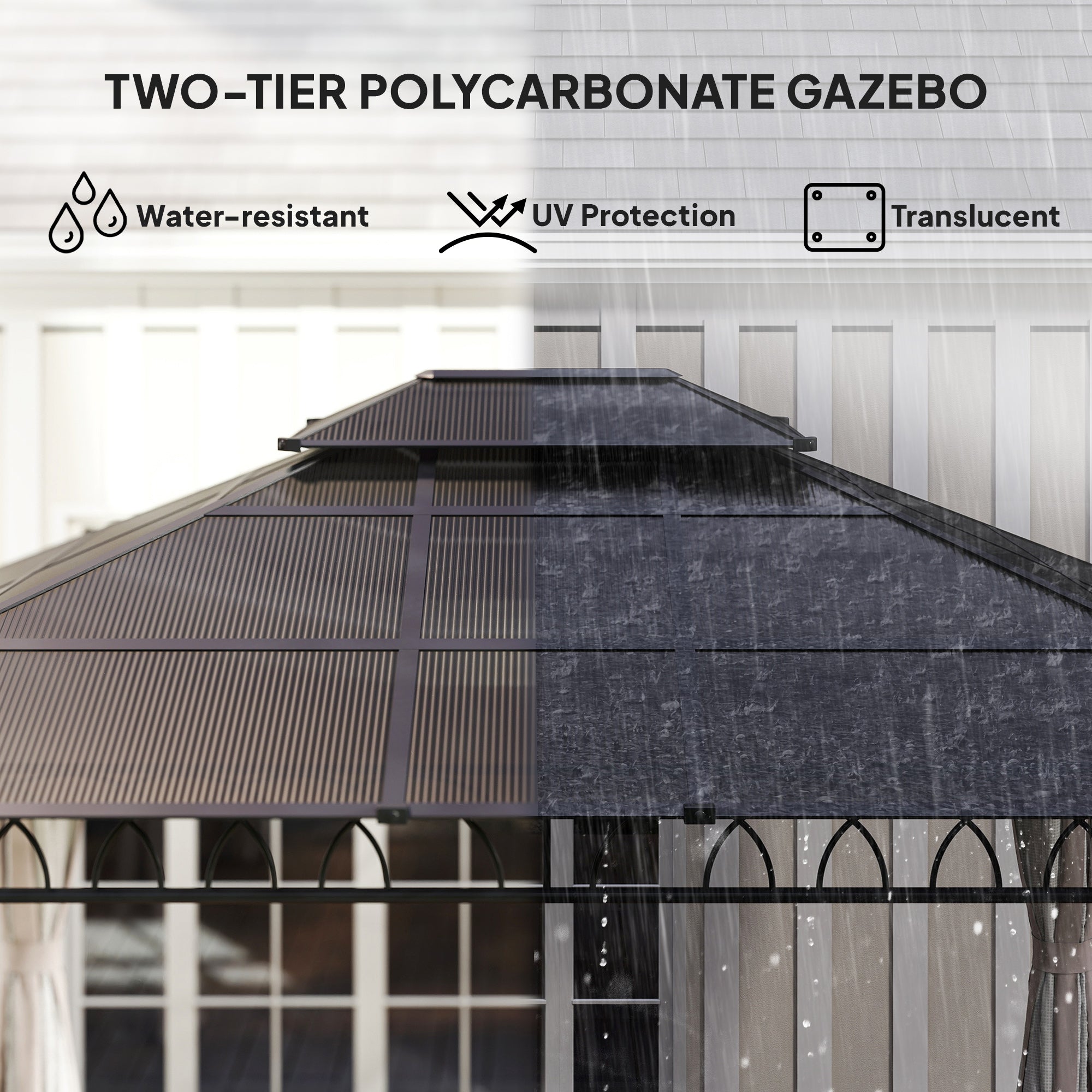 10' x 12' Outdoor Gazebo Canopy, Polycarbonate Roof, Steel Frame, Khaki-DECOROLALA