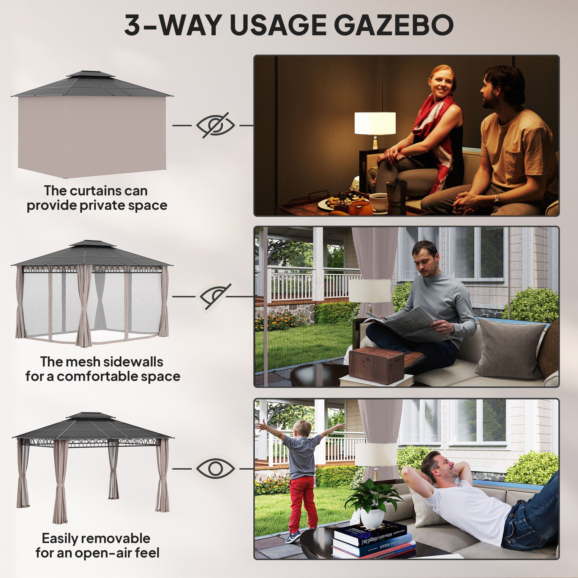 10' x 12' Outdoor Gazebo Canopy, Polycarbonate Roof, Steel Frame, Khaki-DECOROLALA