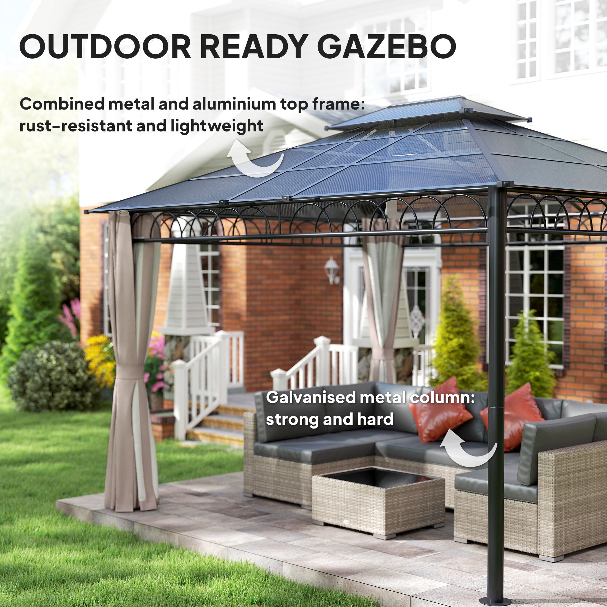 10' x 12' Outdoor Gazebo Canopy, Polycarbonate Roof, Steel Frame, Khaki-DECOROLALA