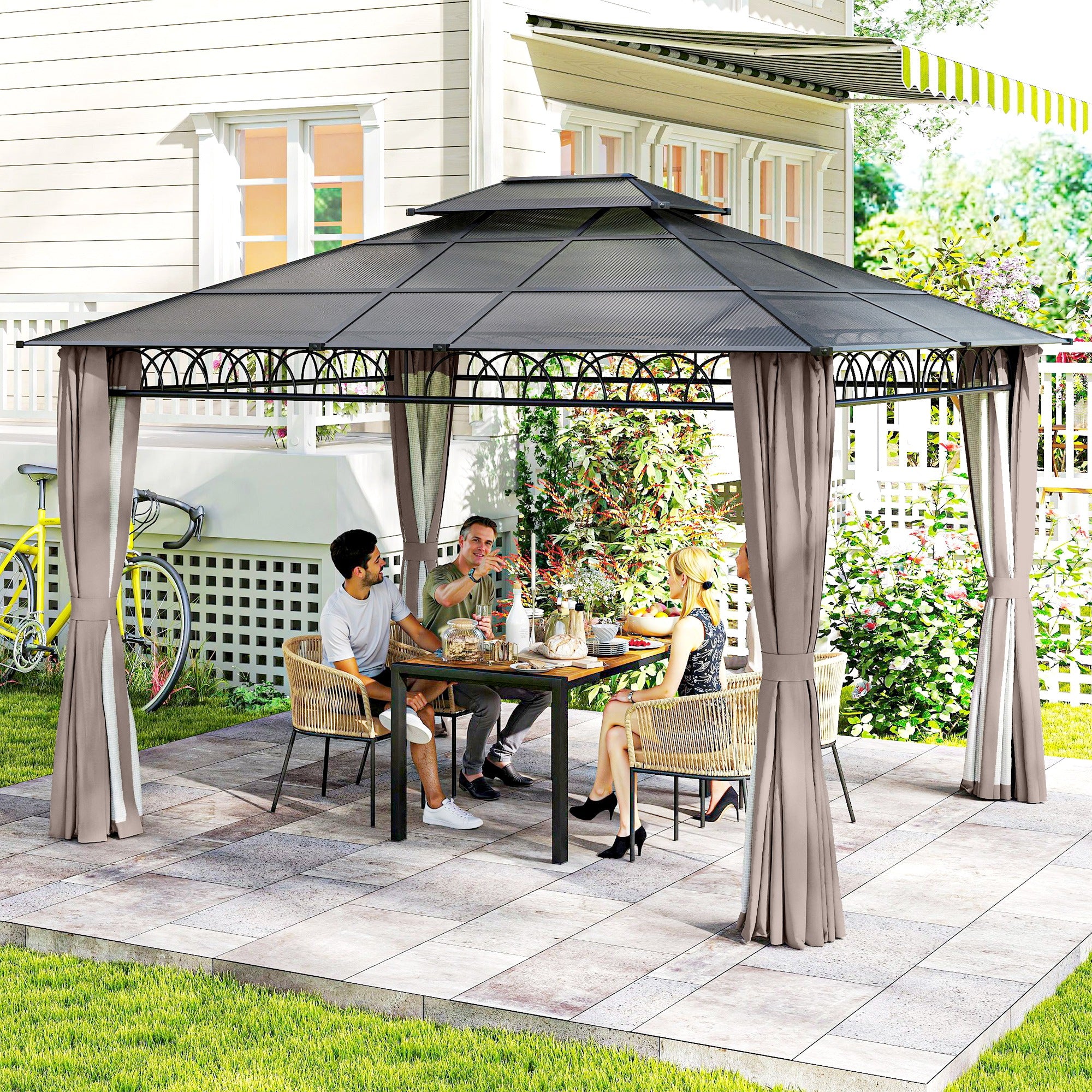 10' x 12' Outdoor Gazebo Canopy, Polycarbonate Roof, Steel Frame, Khaki-DECOROLALA