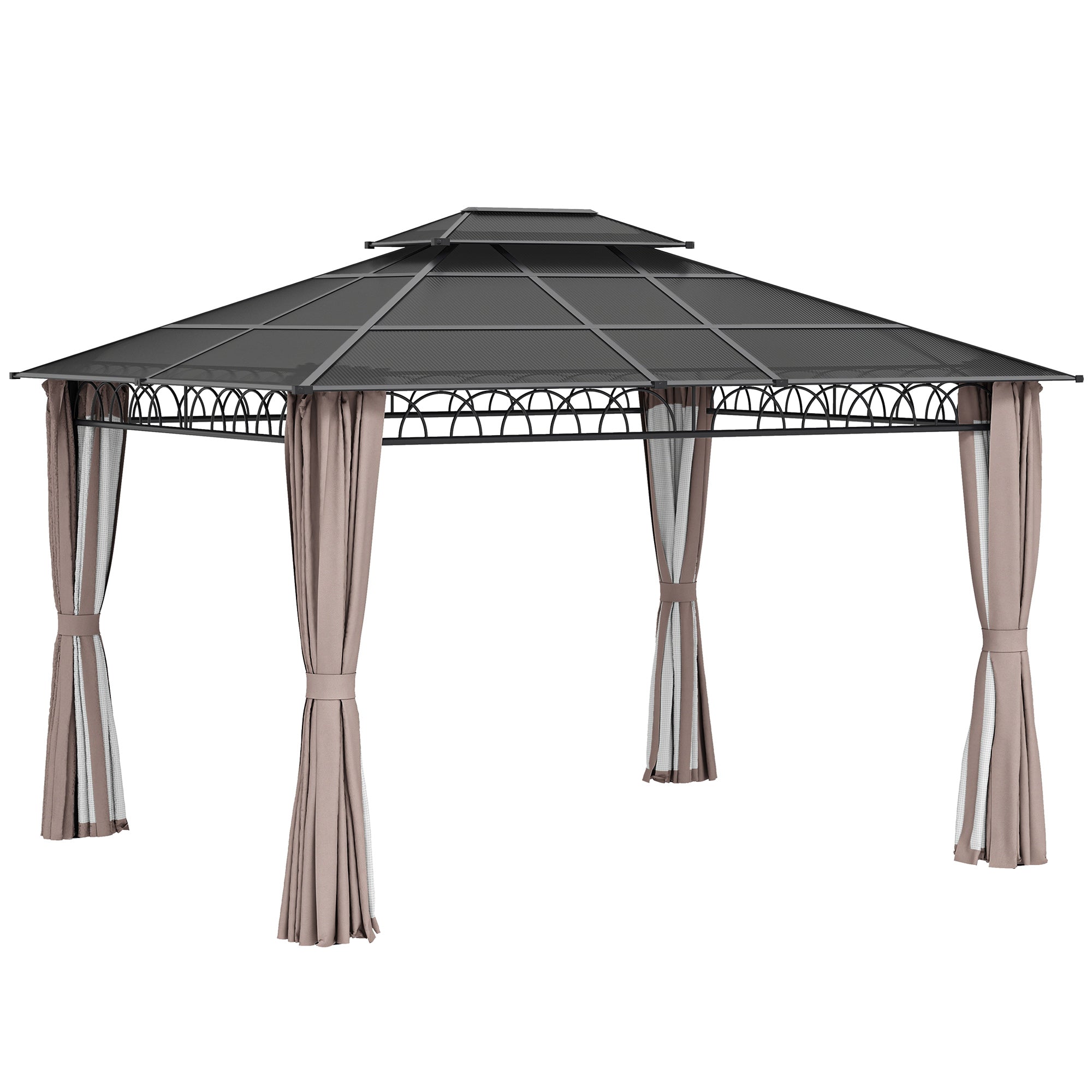 10' x 12' Outdoor Gazebo Canopy, Polycarbonate Roof, Steel Frame, Khaki-DECOROLALA
