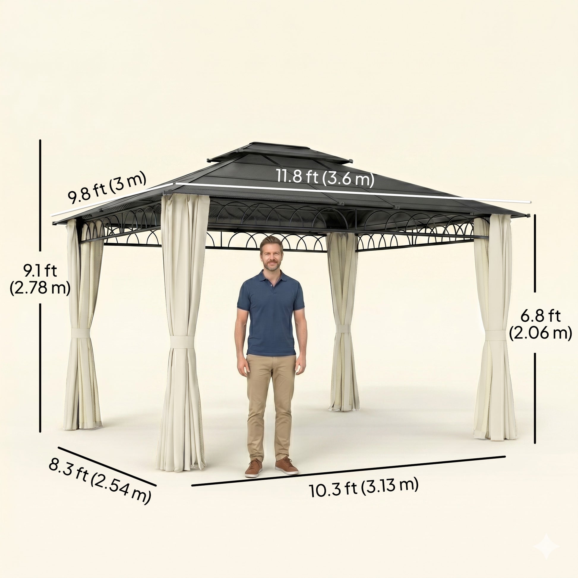 10' x 12' Outdoor Gazebo - Polycarbonate Hardtop Beige-DECOROLALA