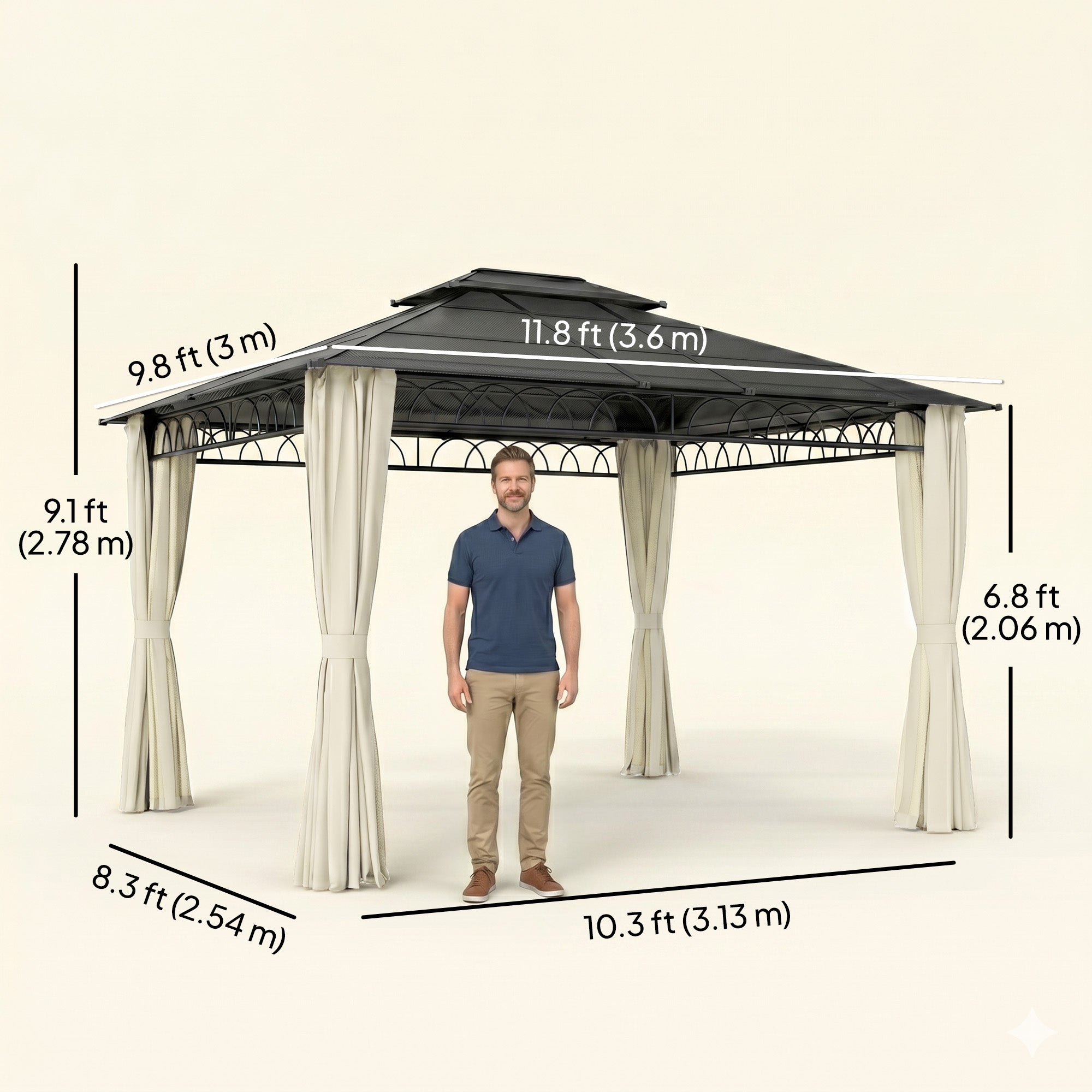 10' x 12' Outdoor Gazebo - Polycarbonate Hardtop Beige-DECOROLALA
