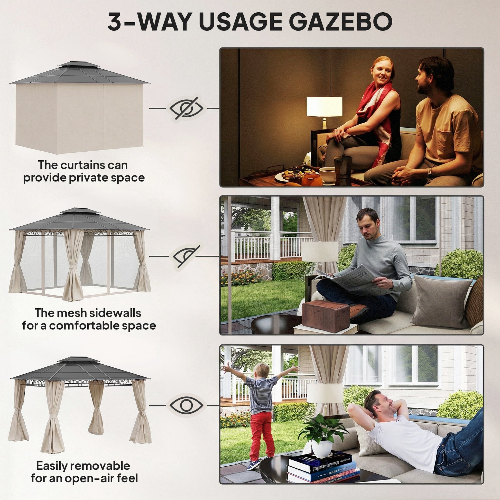 10' x 12' Outdoor Gazebo - Polycarbonate Hardtop Beige-DECOROLALA