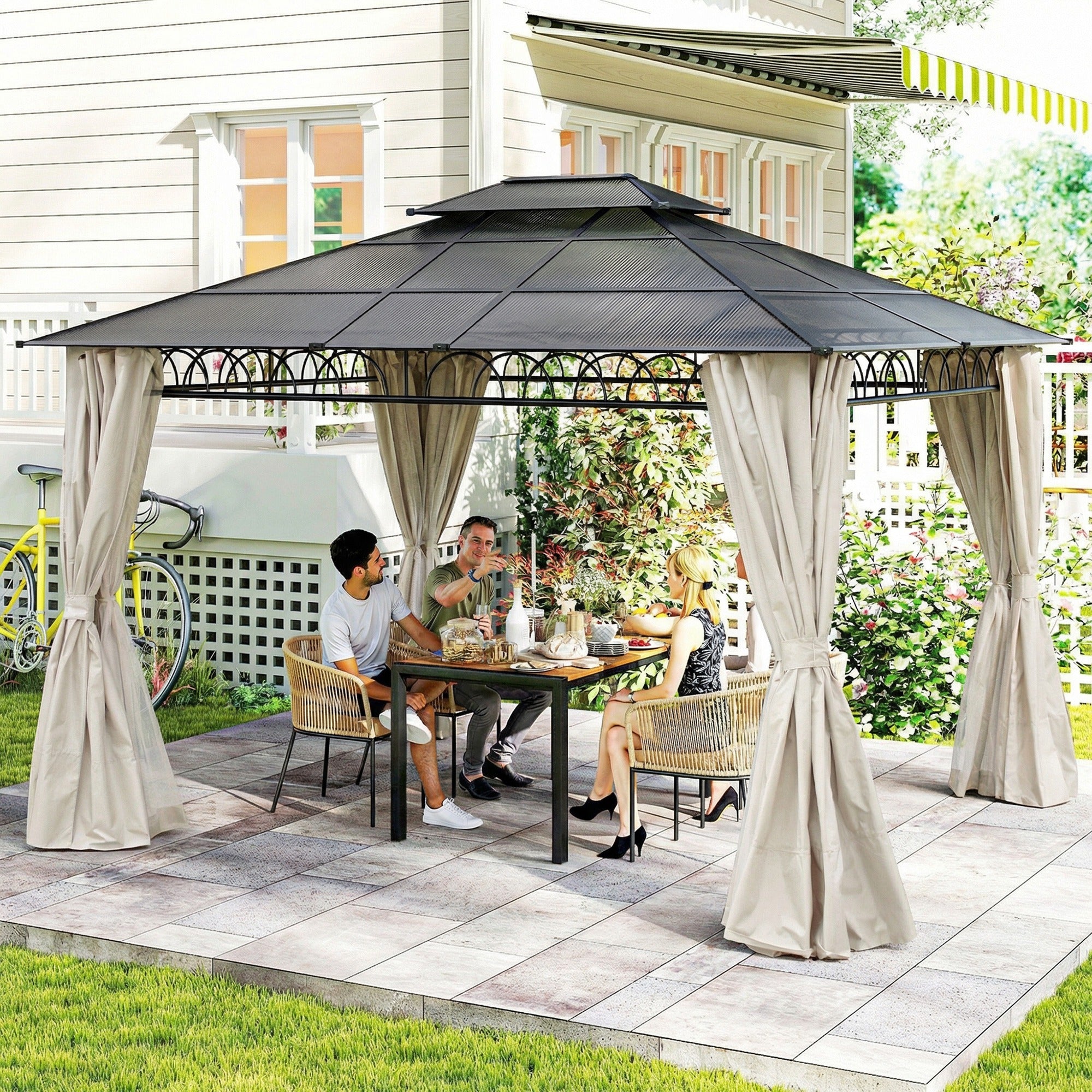 10' x 12' Outdoor Gazebo - Polycarbonate Hardtop Beige-DECOROLALA