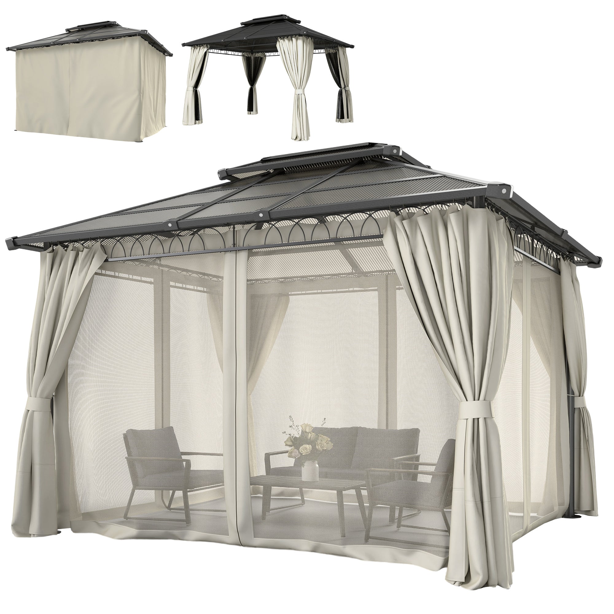 10' x 12' Outdoor Gazebo - Polycarbonate Hardtop Beige-DECOROLALA