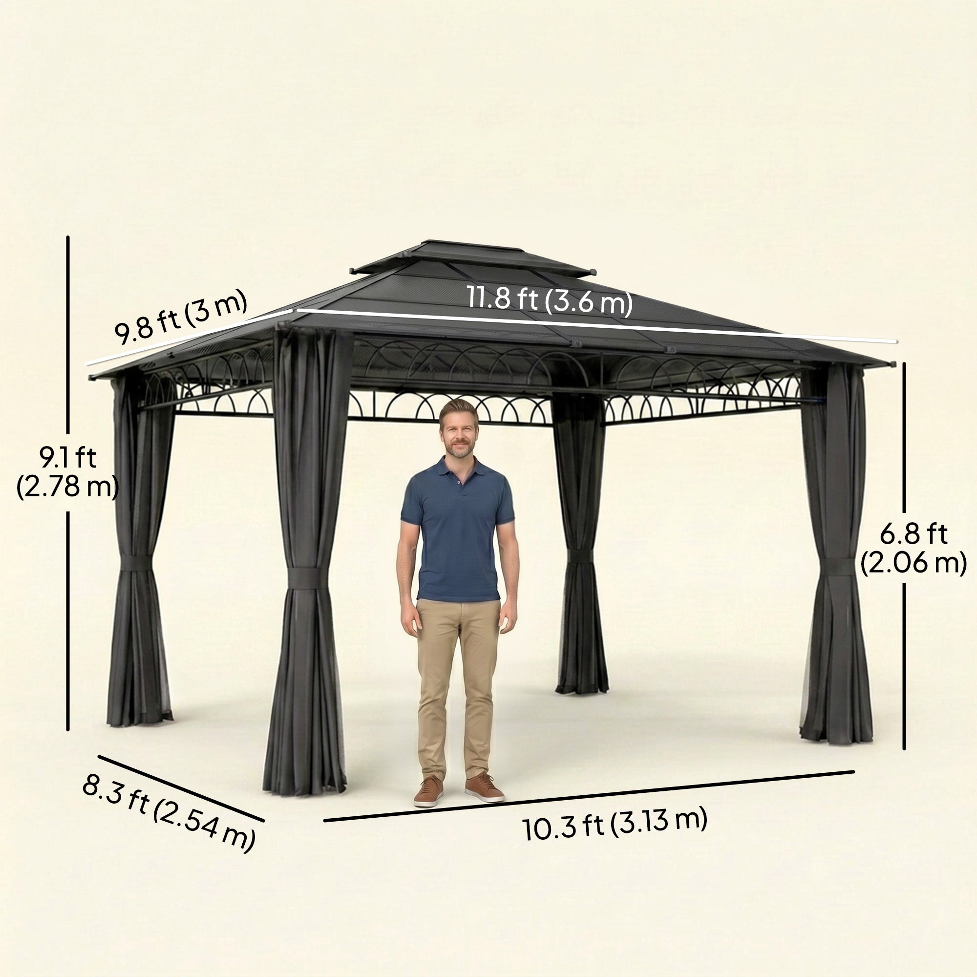 10' x 12' Outdoor Gazebo - Polycarbonate Hardtop Black-DECOROLALA