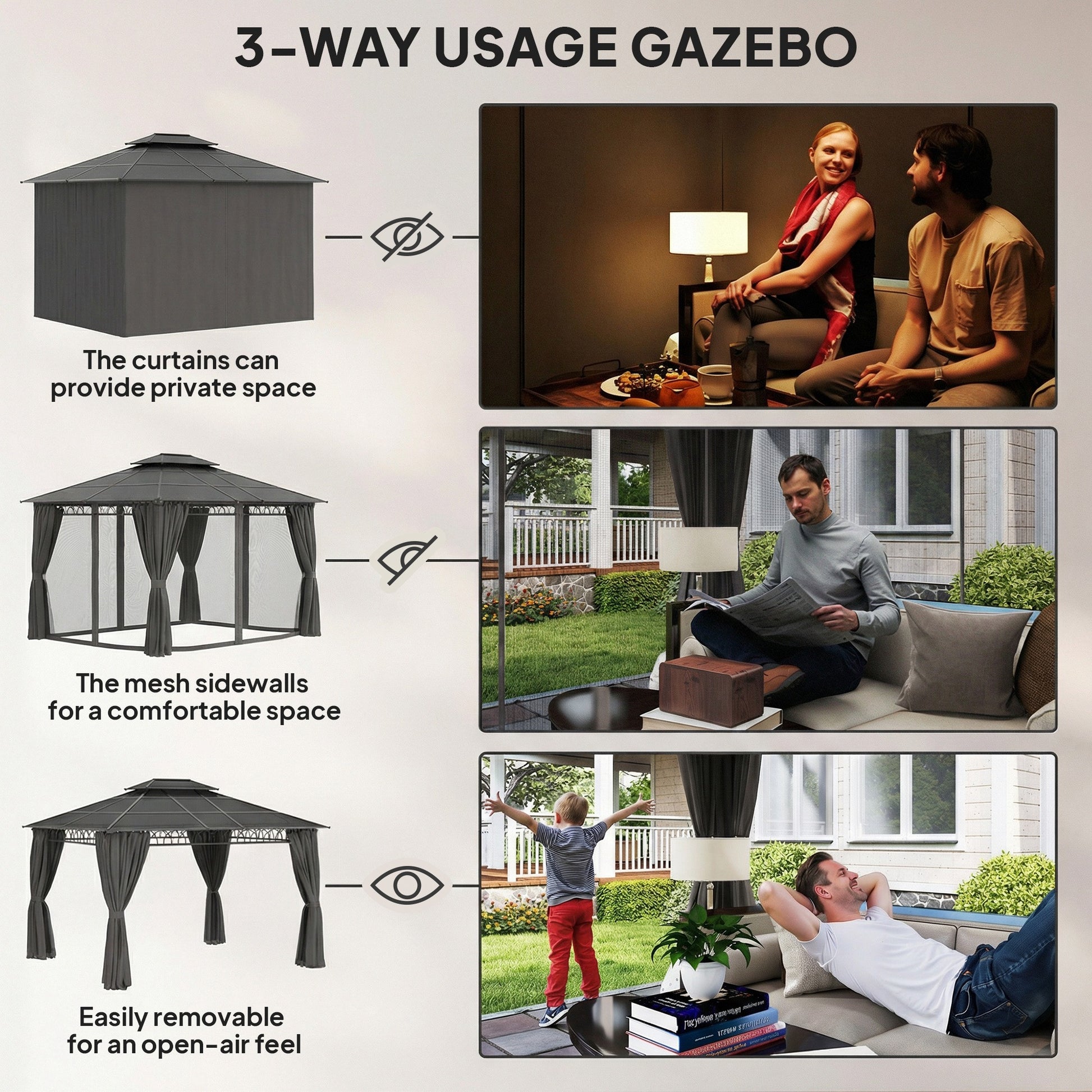 10' x 12' Outdoor Gazebo - Polycarbonate Hardtop Black-DECOROLALA