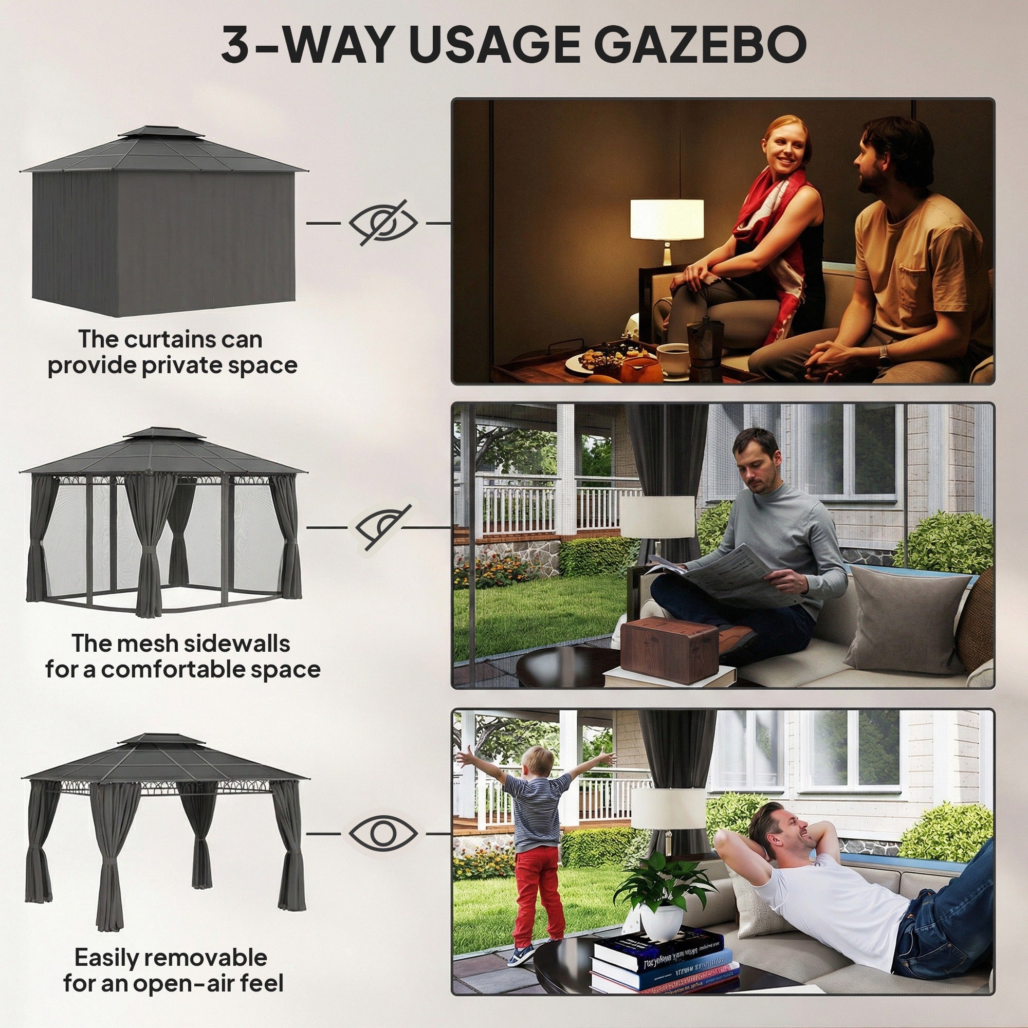 10' x 12' Outdoor Gazebo - Polycarbonate Hardtop Black-DECOROLALA