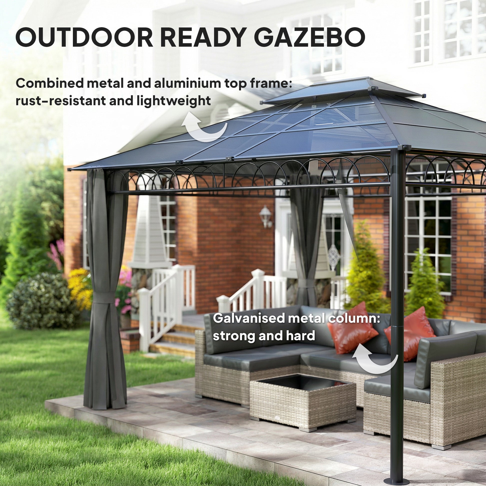 10' x 12' Outdoor Gazebo - Polycarbonate Hardtop Black-DECOROLALA