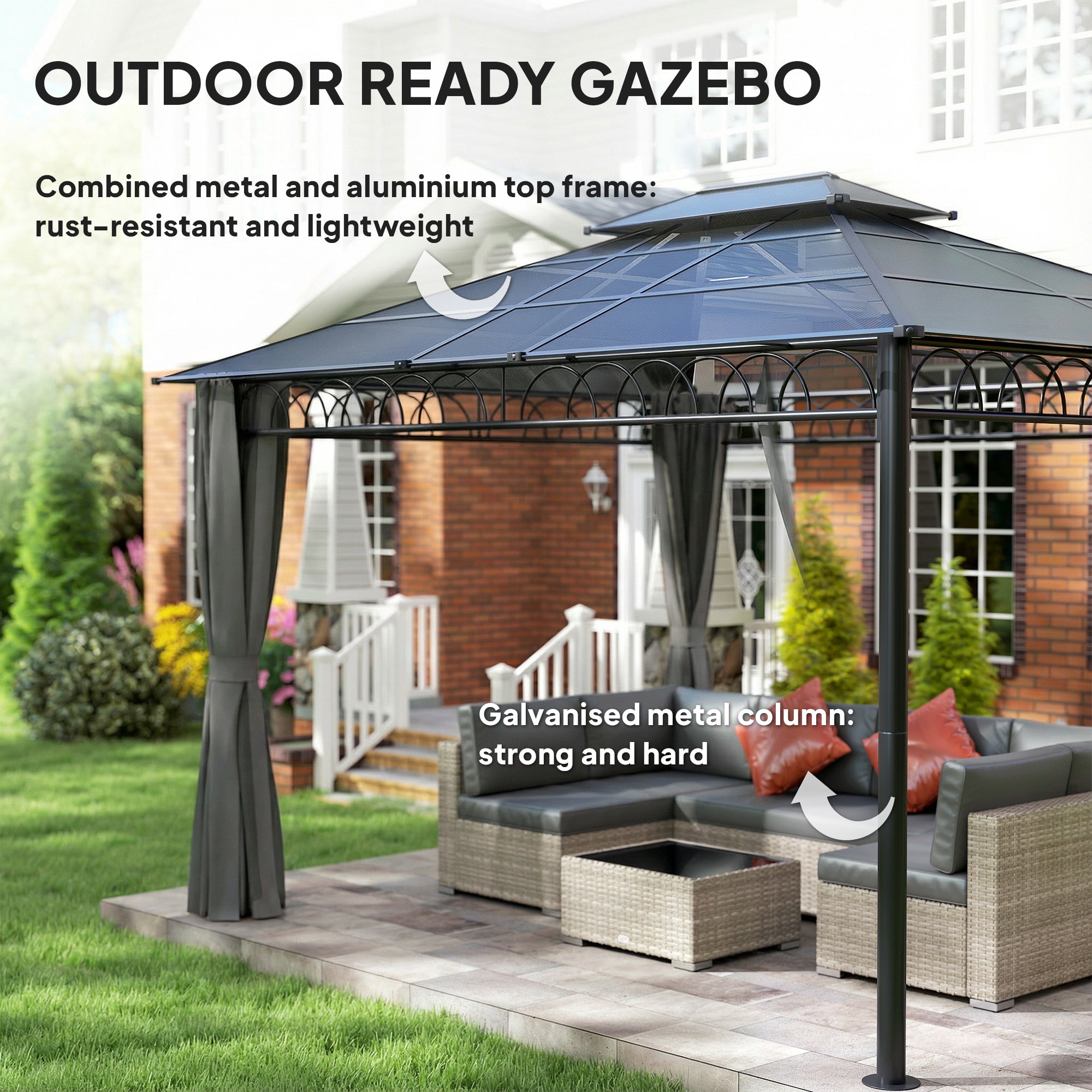 10' x 12' Outdoor Gazebo - Polycarbonate Hardtop Black-DECOROLALA