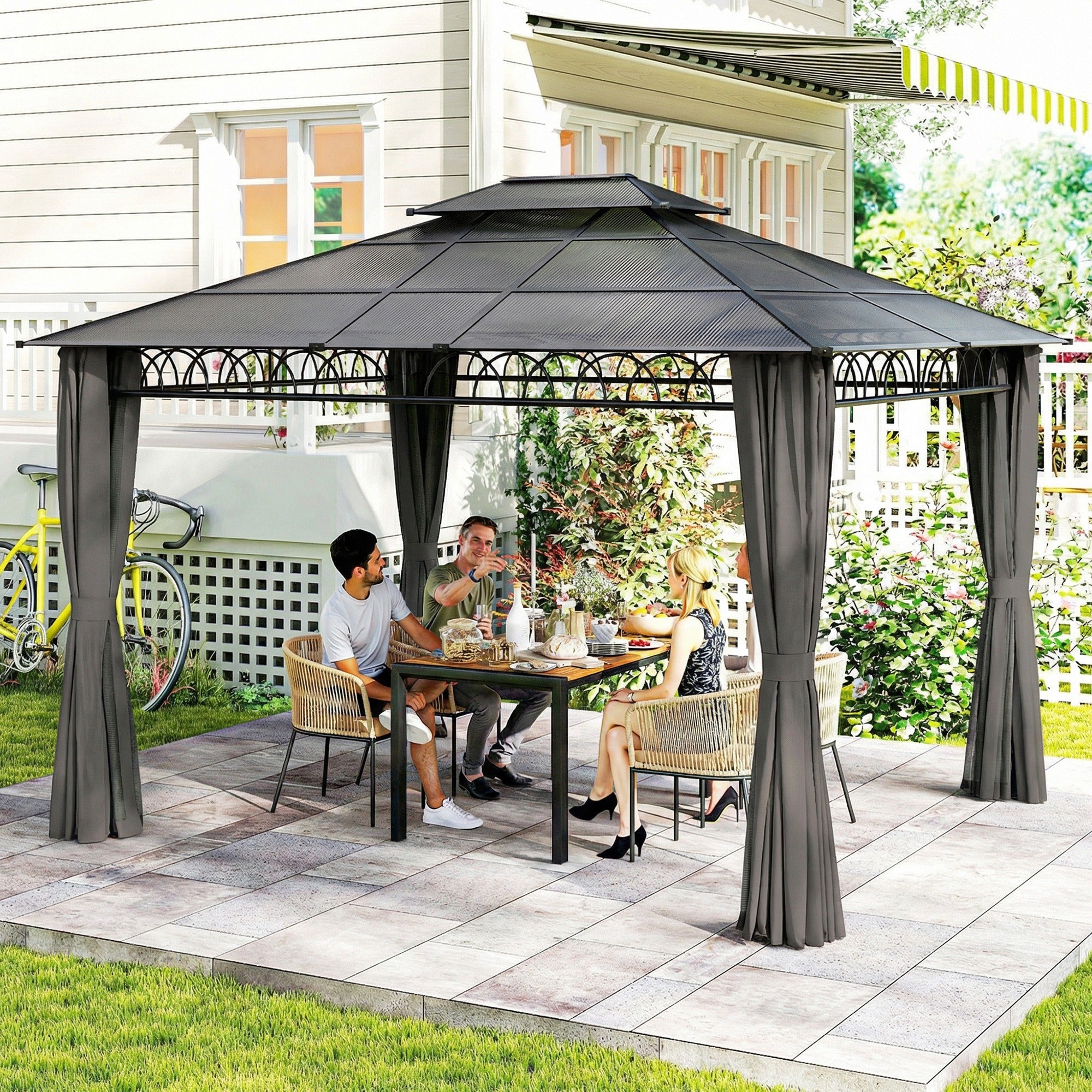 10' x 12' Outdoor Gazebo - Polycarbonate Hardtop Black-DECOROLALA
