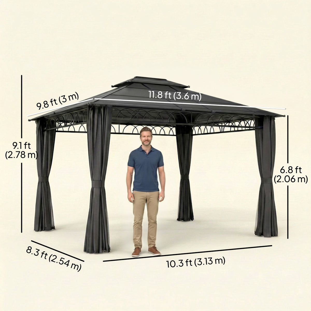 10' x 12' Outdoor Gazebo - Polycarbonate Hardtop Black-Gazebos-DECOROLALA
