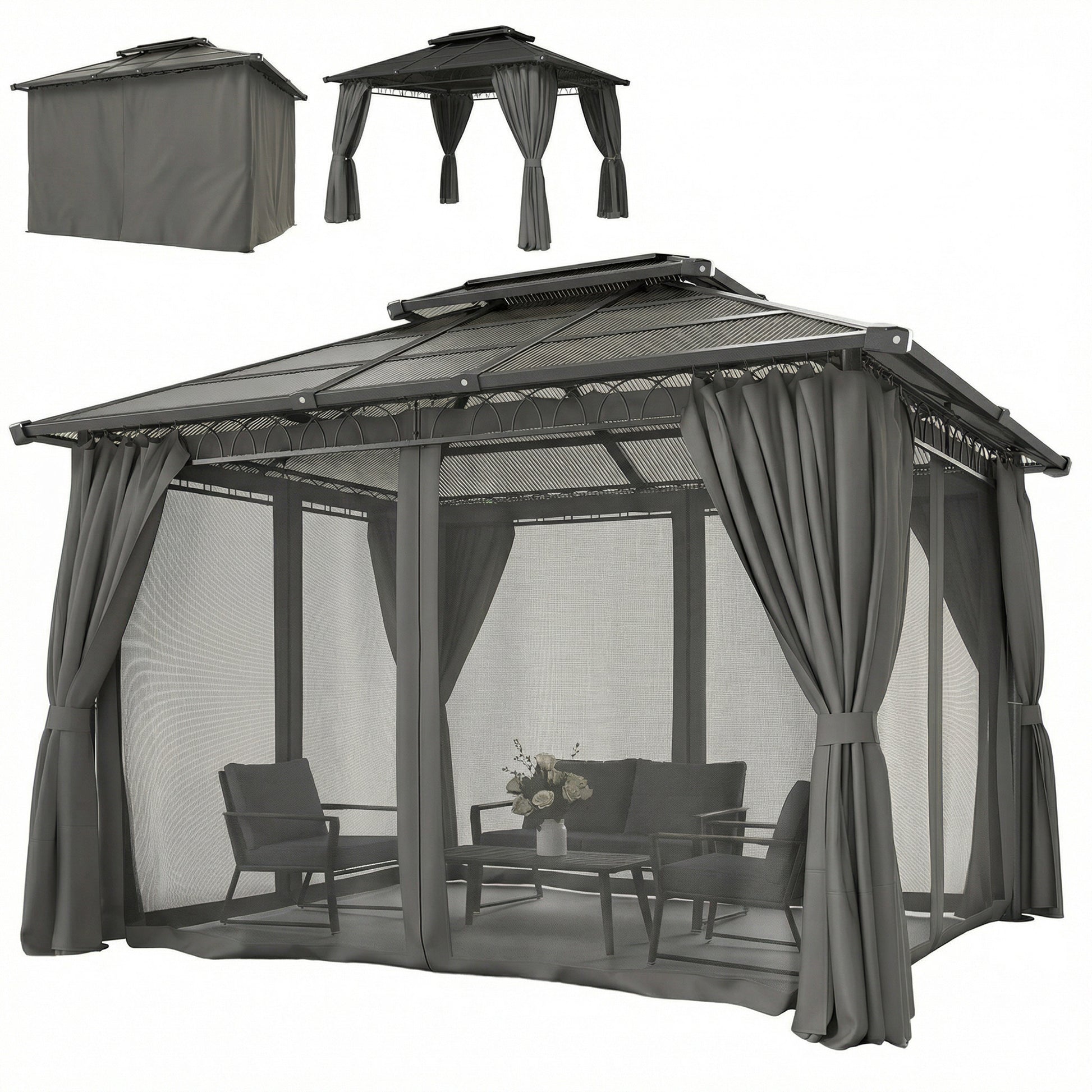 10' x 12' Outdoor Gazebo - Polycarbonate Hardtop Black-DECOROLALA