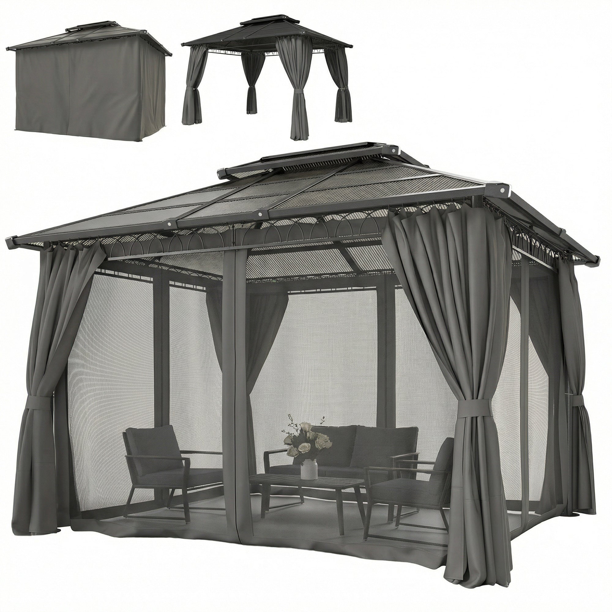 10' x 12' Outdoor Gazebo - Polycarbonate Hardtop Black-DECOROLALA