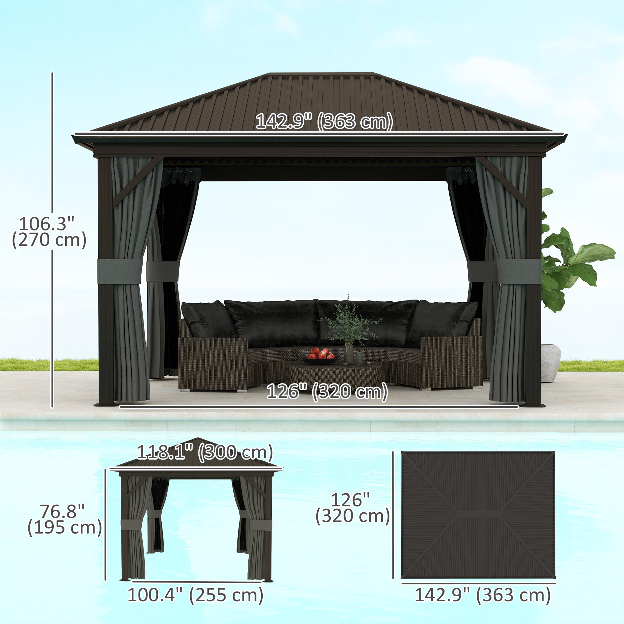 10' x 12' Outdoor Hardtop Gazebo - Aluminum Frame Dark Grey-DECOROLALA