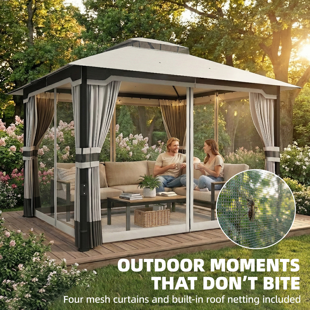 10' x 12' Patio Gazebo Double Roof Light Grey-Gazebos-DECOROLALA