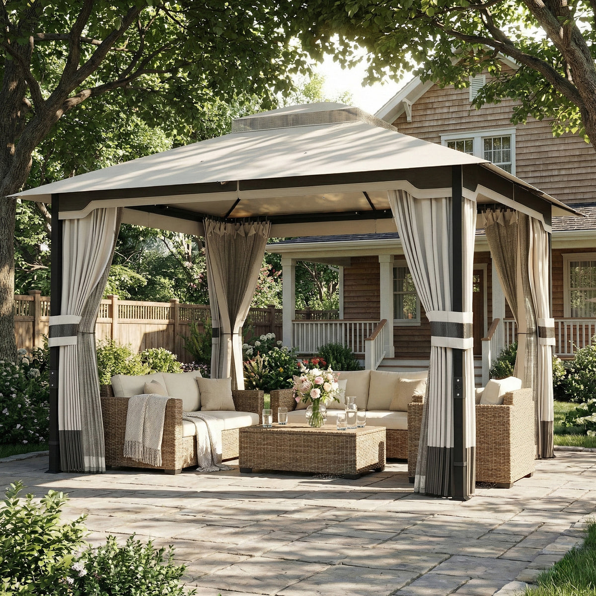 10' x 12' Patio Gazebo Double Roof Light Grey-Gazebos-DECOROLALA
