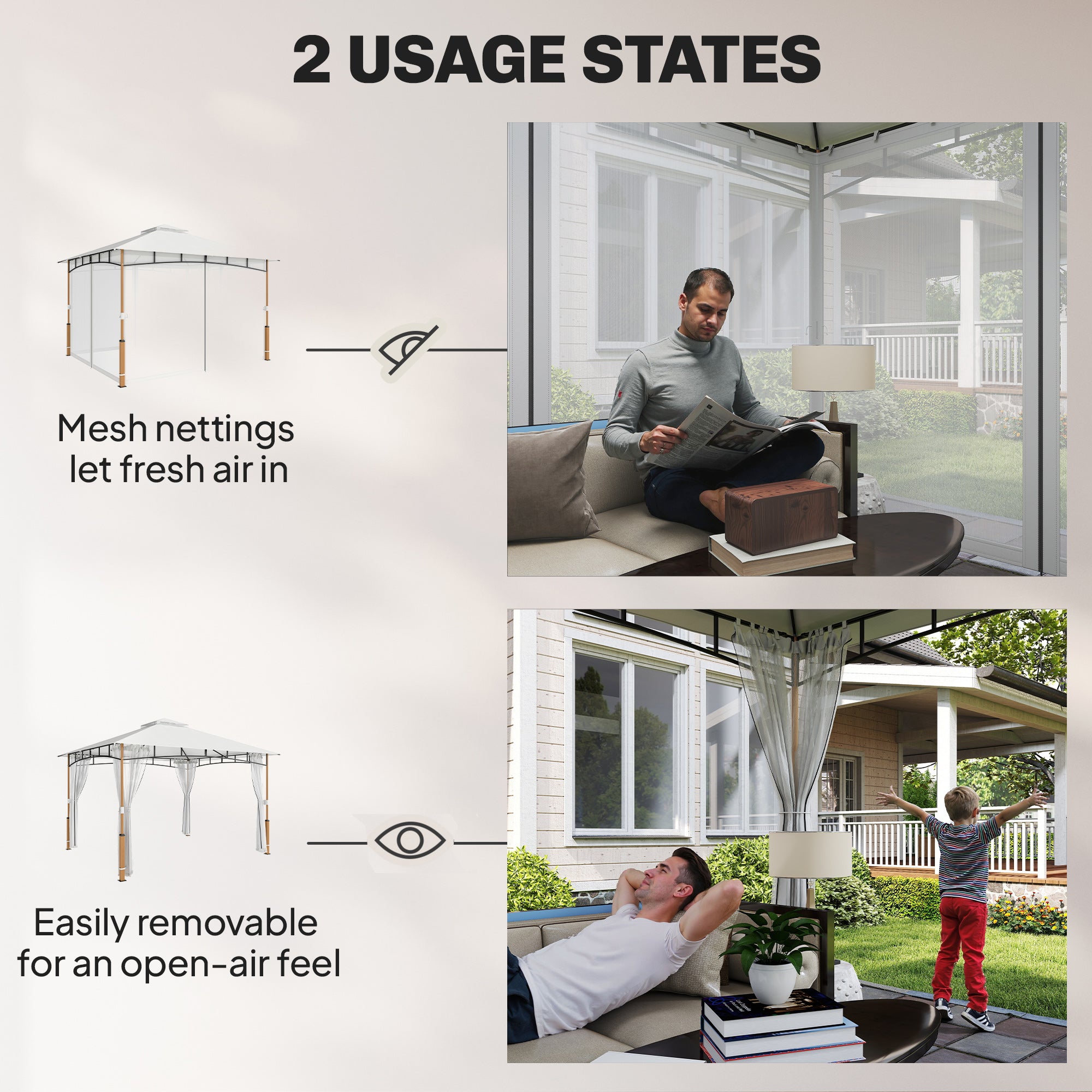 10' x 12' Patio Gazebo UPF50+ Double Roof Netting Cream-DECOROLALA