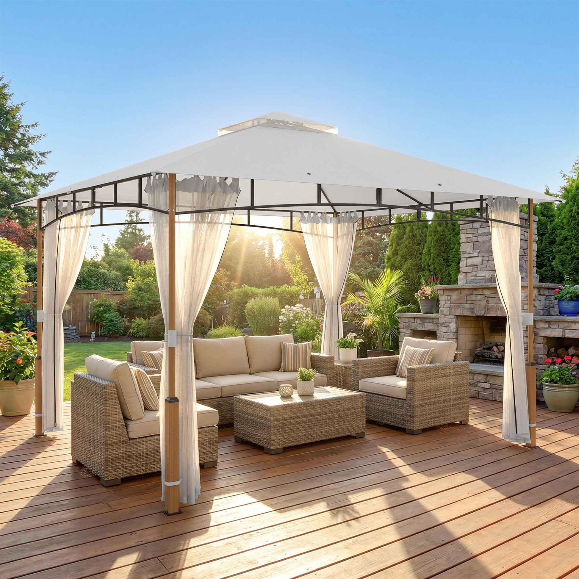 10' x 12' Patio Gazebo UPF50+ Double Roof Netting Cream-DECOROLALA