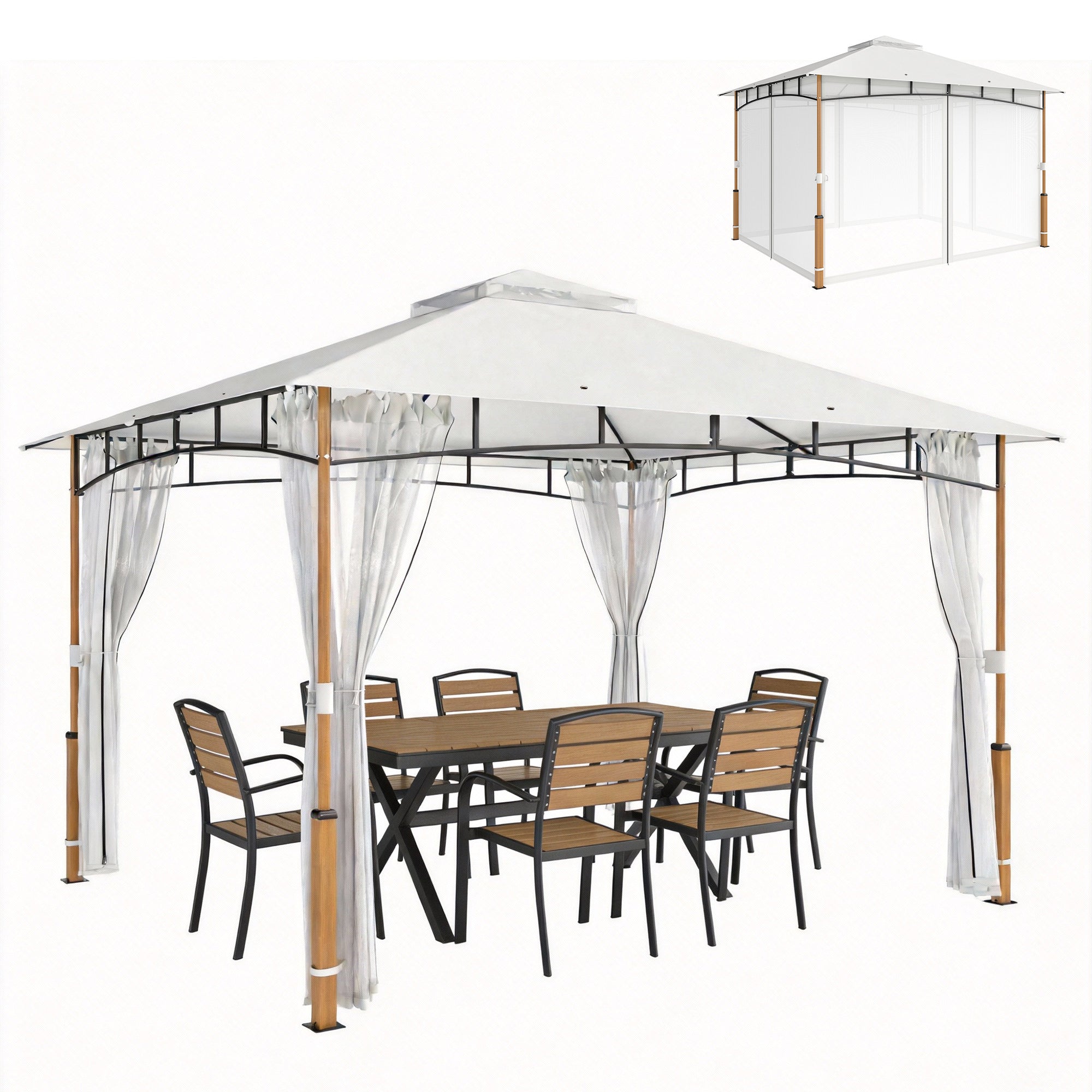 10' x 12' Patio Gazebo UPF50+ Double Roof Netting Cream-DECOROLALA