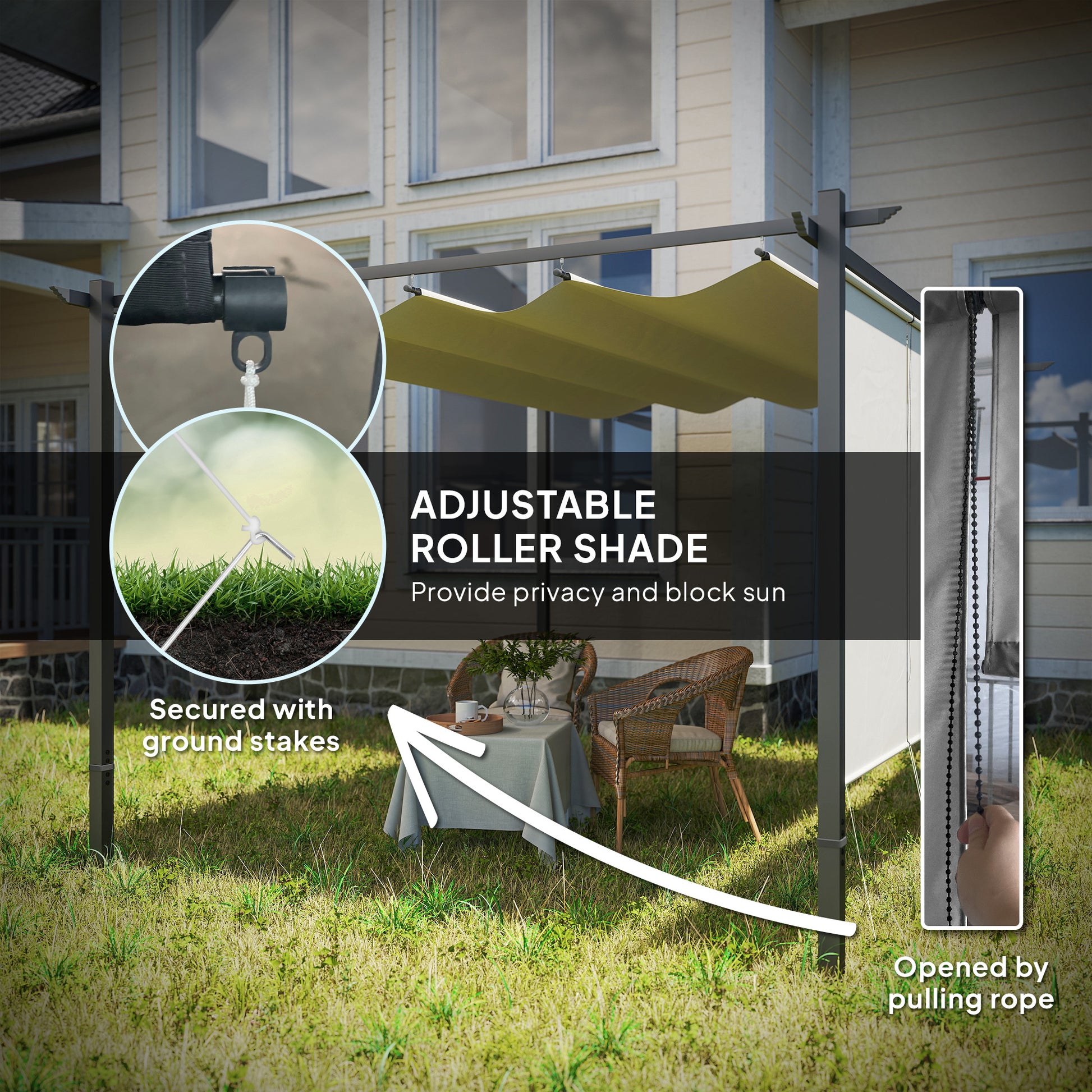 10' x 12' Retractable Pergola Gazebo with Roller Shade - Beige-DECOROLALA