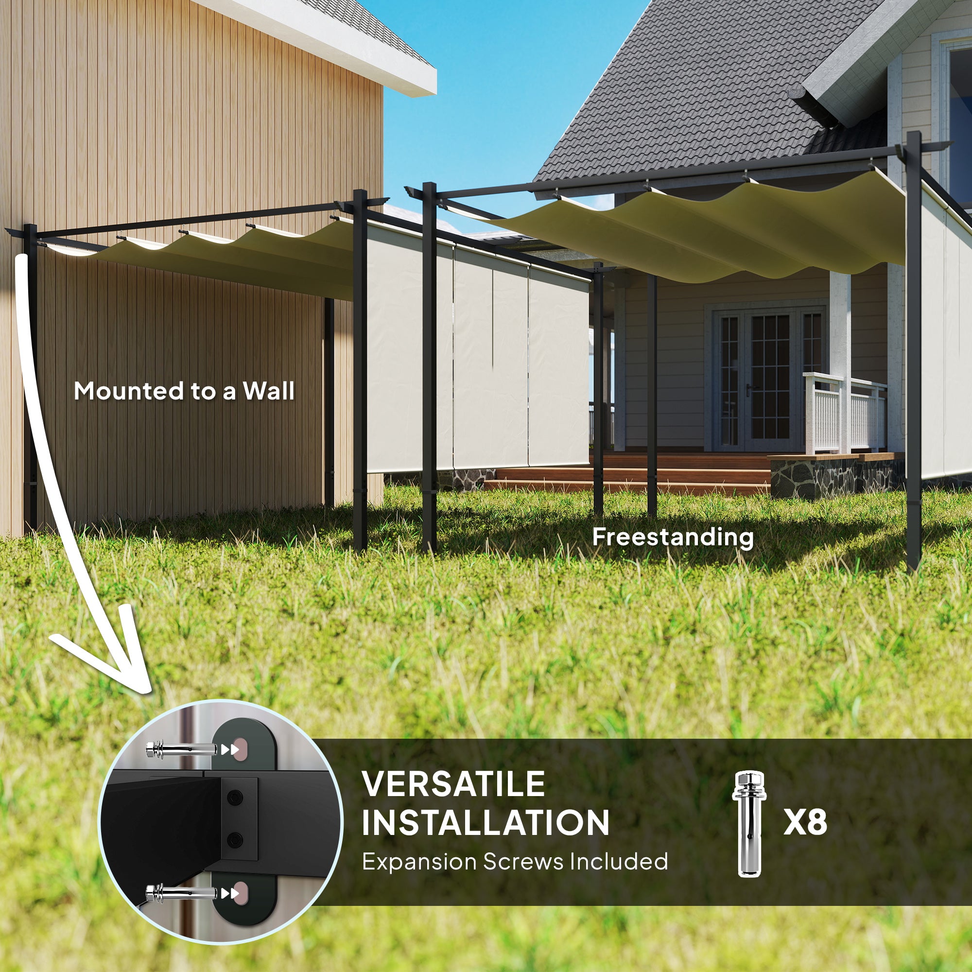 10' x 12' Retractable Pergola Gazebo with Roller Shade - Beige-DECOROLALA