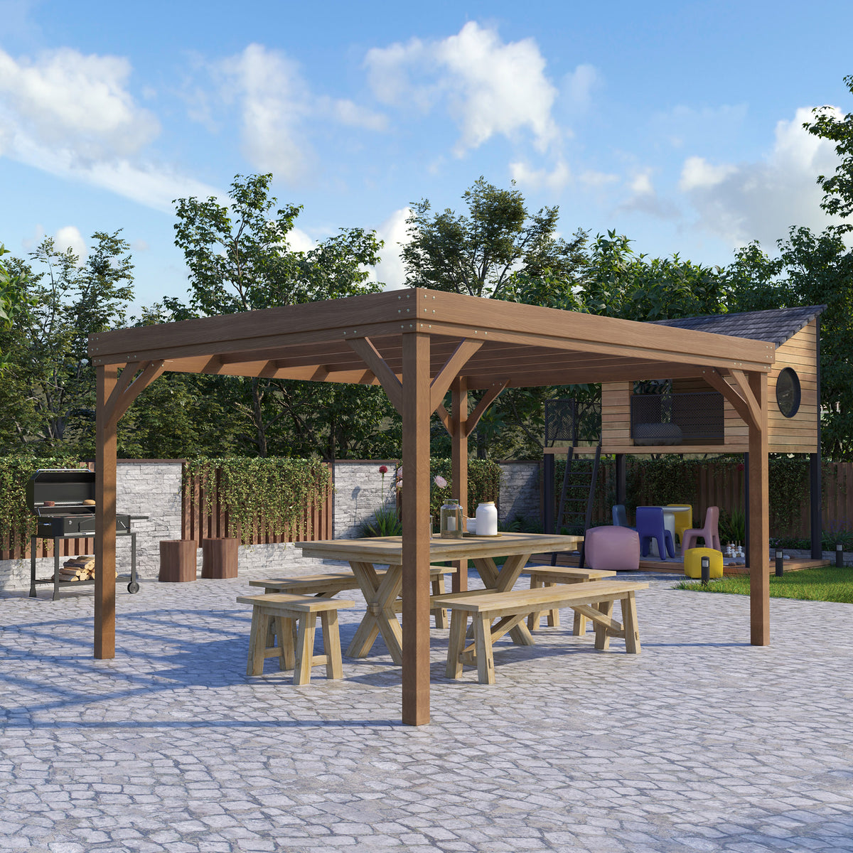 10' x 12' Wood Pergola - Brown Fir Wood Garden Gazebo-Pergolas-DECOROLALA