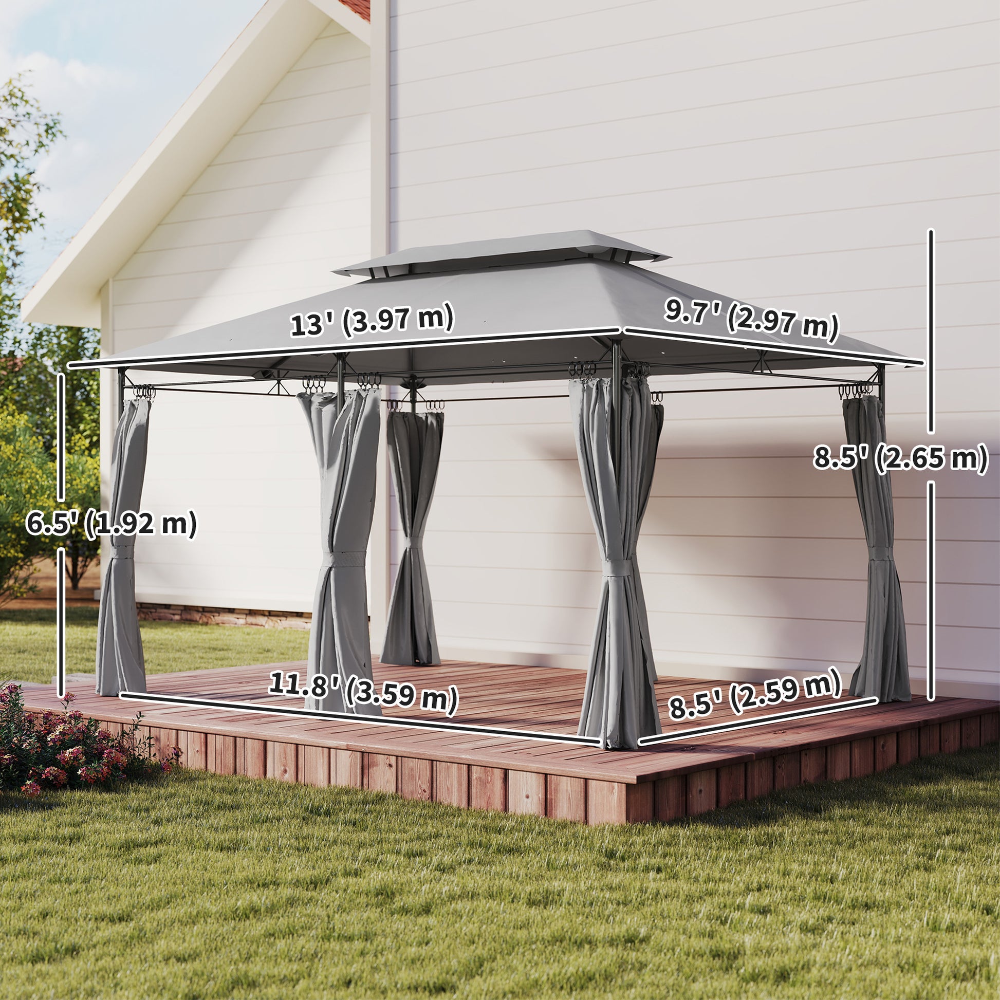 10' x 13' Double Roof Patio Gazebo with Curtains - Dark Grey-DECOROLALA