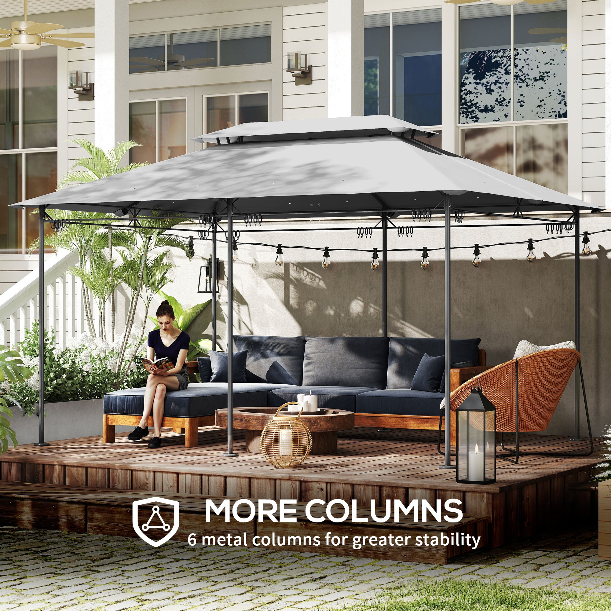 10' x 13' Double Roof Patio Gazebo with Curtains - Dark Grey-DECOROLALA