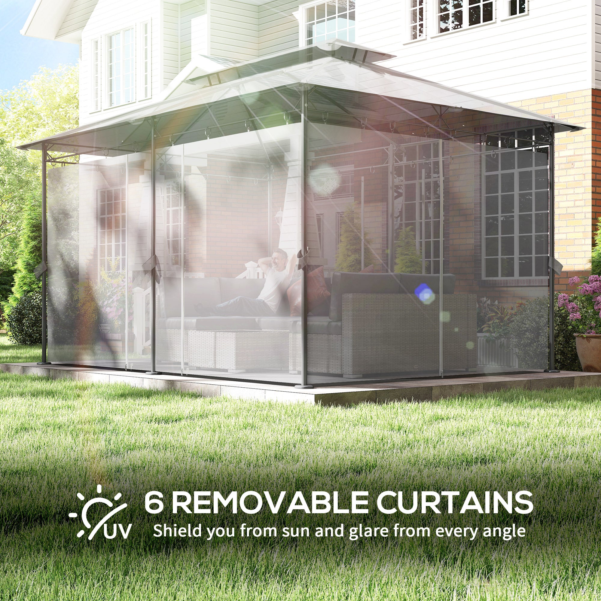 10' x 13' Double Roof Patio Gazebo with Curtains - Dark Grey-DECOROLALA