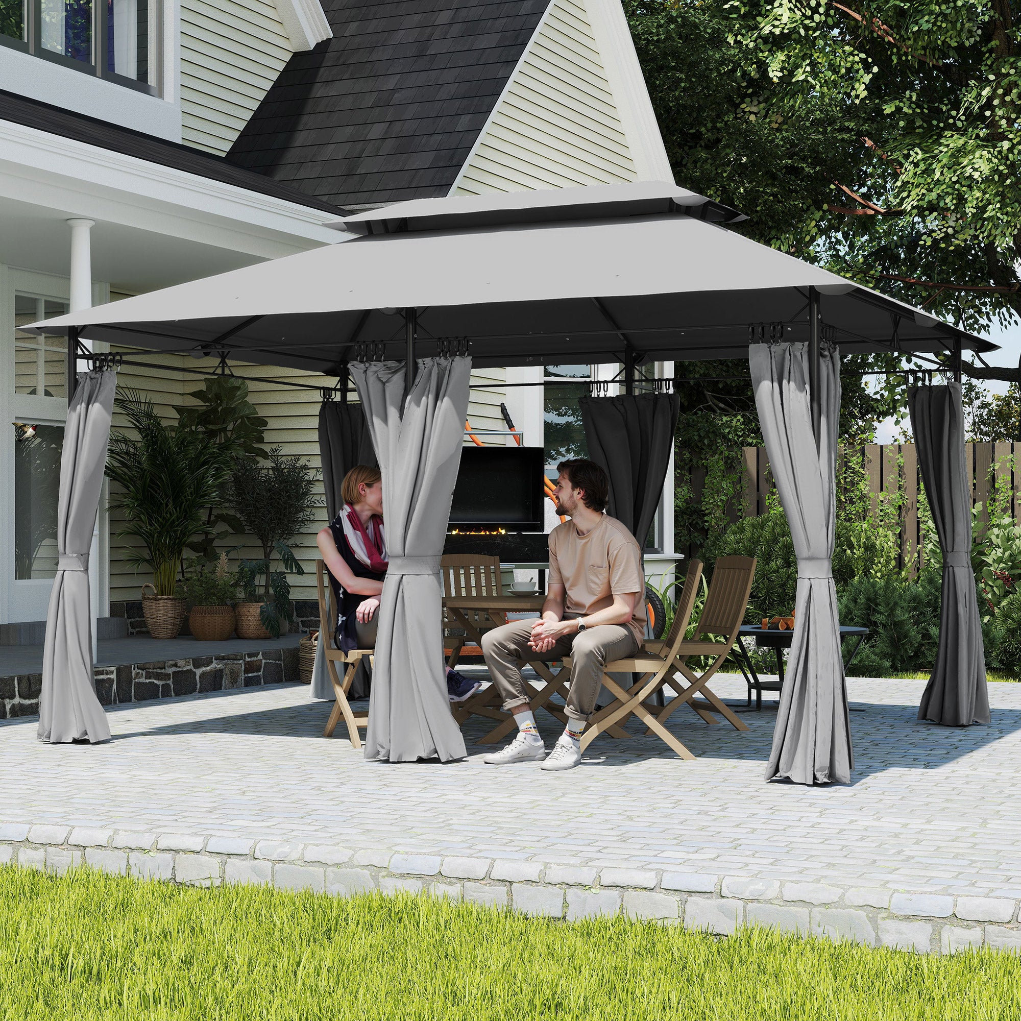 10' x 13' Double Roof Patio Gazebo with Curtains - Dark Grey-DECOROLALA