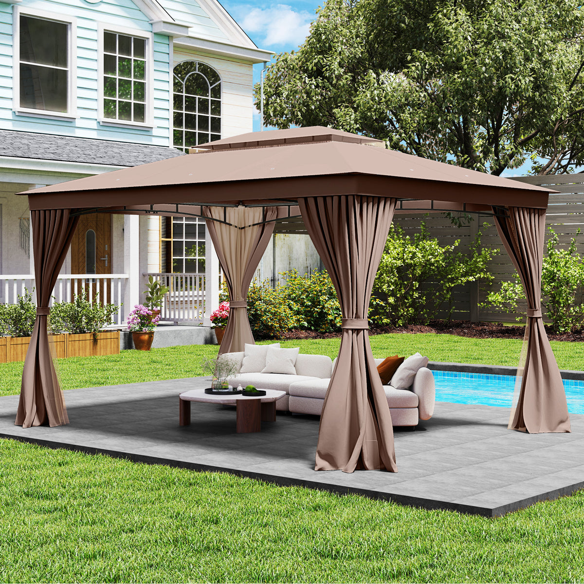10 x 13 Feet Patio Gazebo Double-Roof with Mesh Netting and Privacy Curtains-Coffee-Gazebos-DECOROLALA
