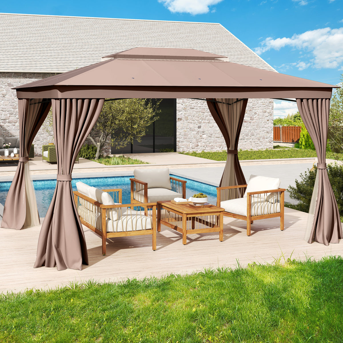 10 x 13 Feet Patio Gazebo Double-Roof with Mesh Netting and Privacy Curtains-Coffee-Gazebos-DECOROLALA