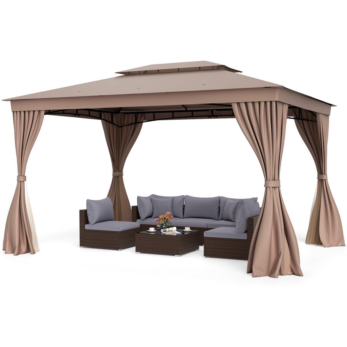 10 x 13 Feet Patio Gazebo Double-Roof with Mesh Netting and Privacy Curtains-Coffee-Gazebos-DECOROLALA