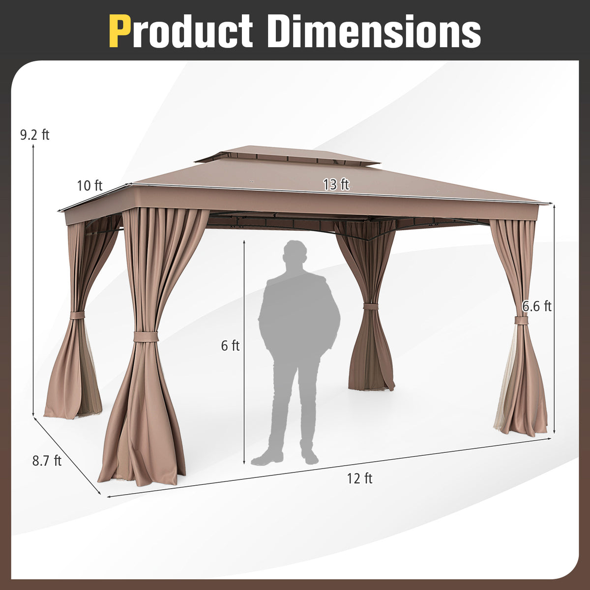 10 x 13 Feet Patio Gazebo Double-Roof with Mesh Netting and Privacy Curtains-Coffee-Gazebos-DECOROLALA