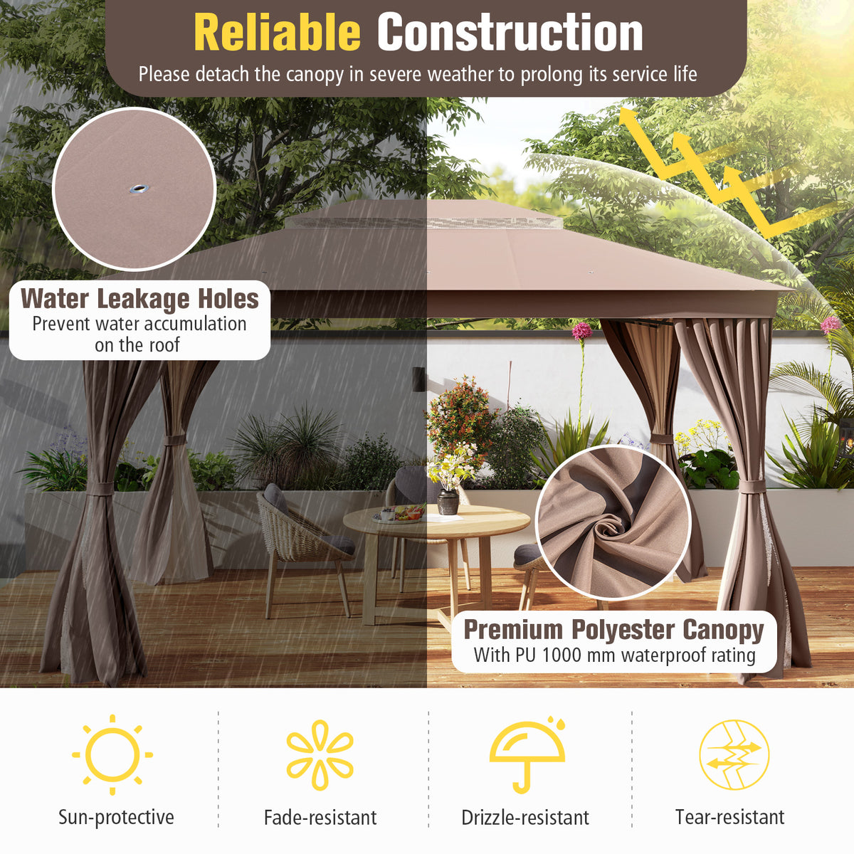 10 x 13 Feet Patio Gazebo Double-Roof with Mesh Netting and Privacy Curtains-Coffee-Gazebos-DECOROLALA
