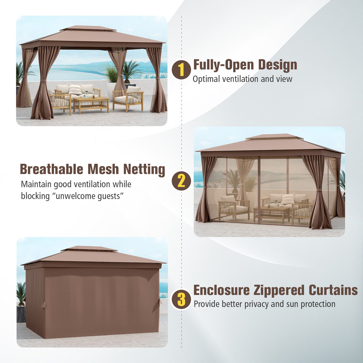 10 x 13 Feet Patio Gazebo Double-Roof with Mesh Netting and Privacy Curtains-Coffee-Gazebos-DECOROLALA