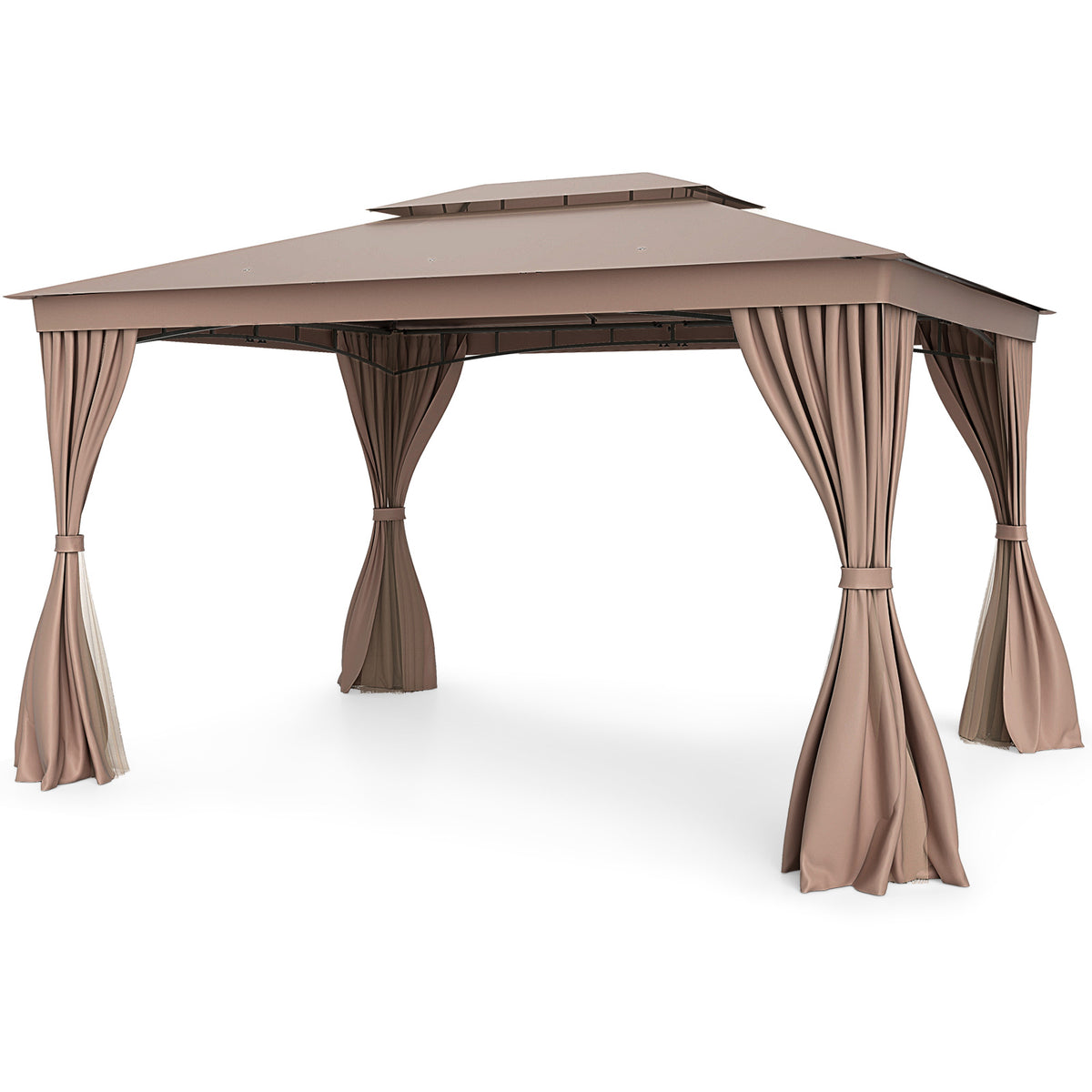 10 x 13 Feet Patio Gazebo Double-Roof with Mesh Netting and Privacy Curtains-Coffee-Gazebos-DECOROLALA
