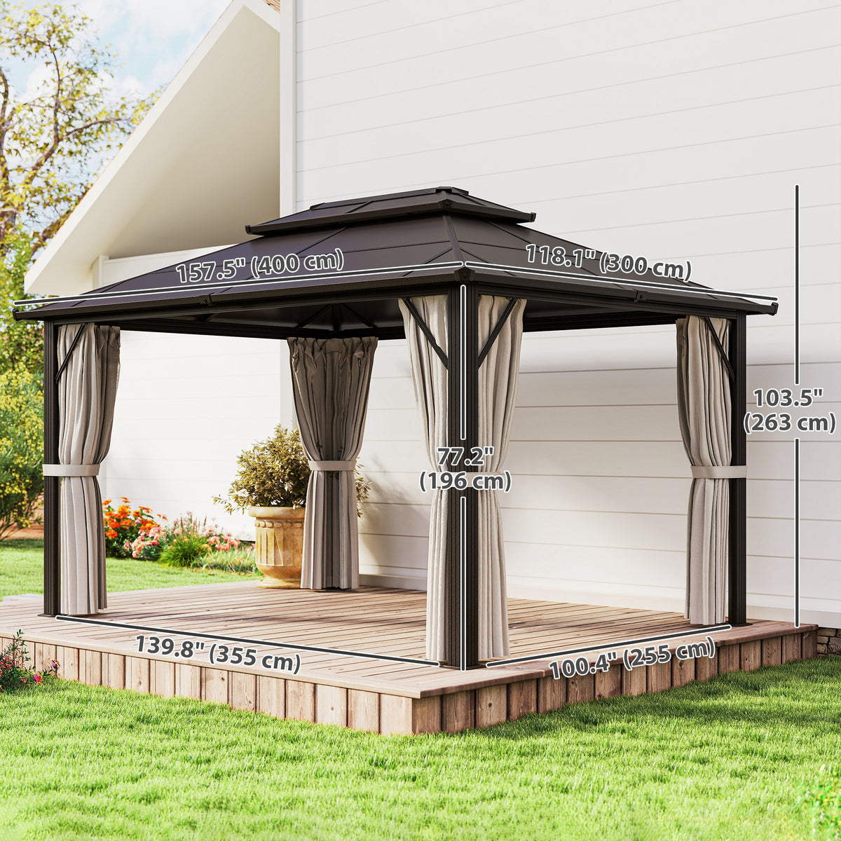 10' x 13' Hardtop Gazebo - Aluminum Frame Beige Canopy-Gazebos-DECOROLALA