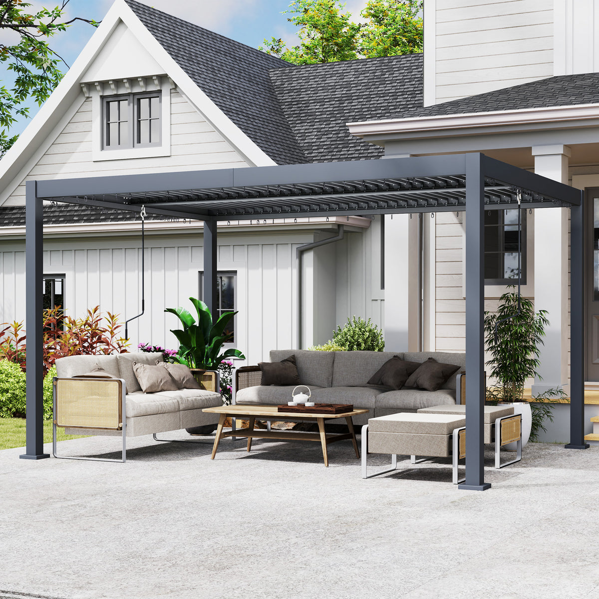10' x 13' Louvered Pergola - Dark Grey Aluminum Gazebo-Pergolas-DECOROLALA