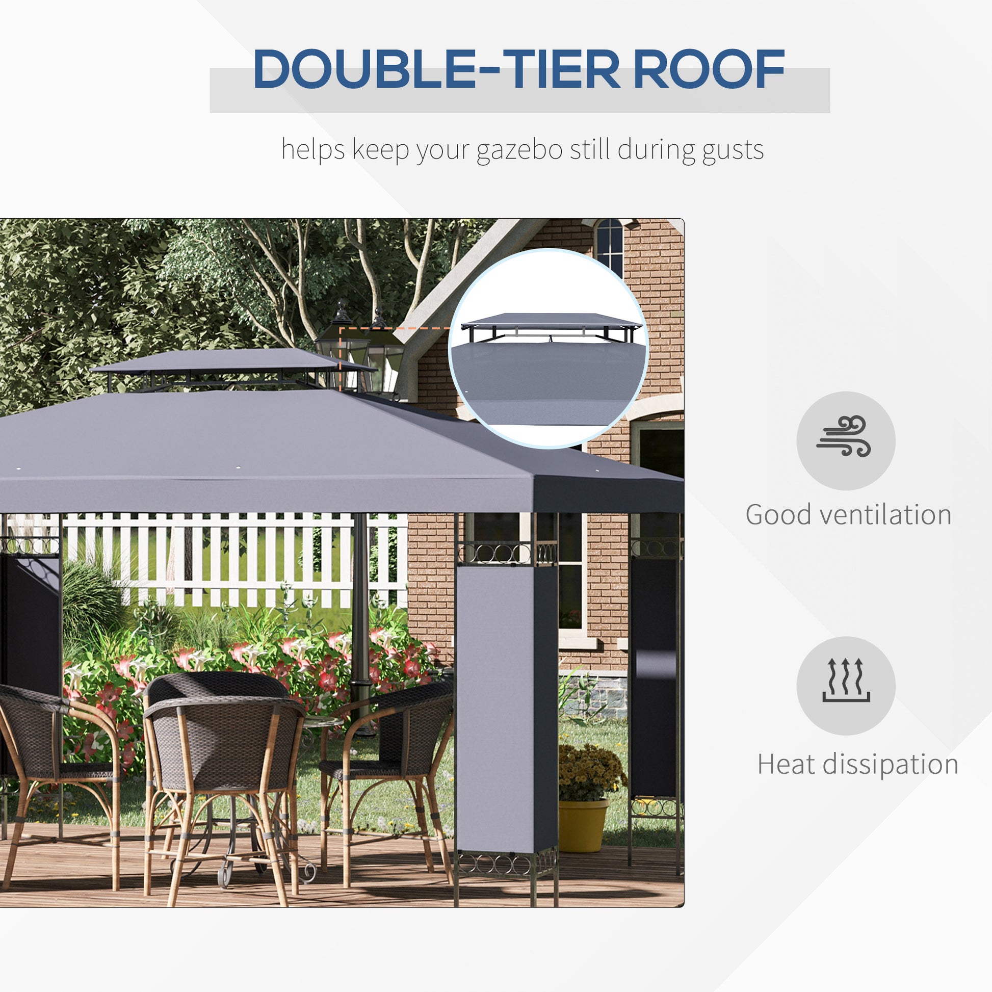 10' x 13' Outdoor Gazebo, Grey Screen Roof Patio Shelter, Metal Frame-DECOROLALA