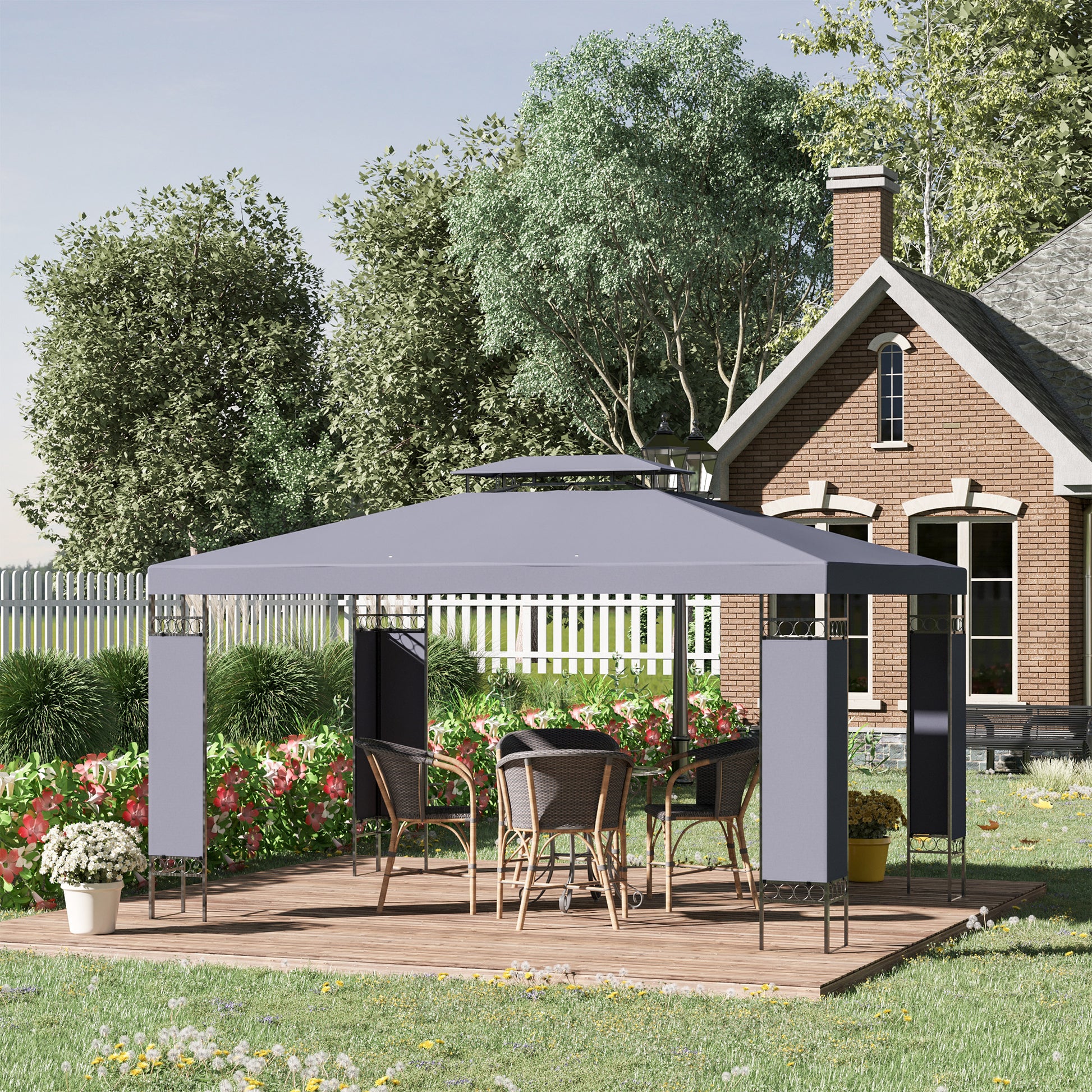 10' x 13' Outdoor Gazebo, Grey Screen Roof Patio Shelter, Metal Frame-DECOROLALA