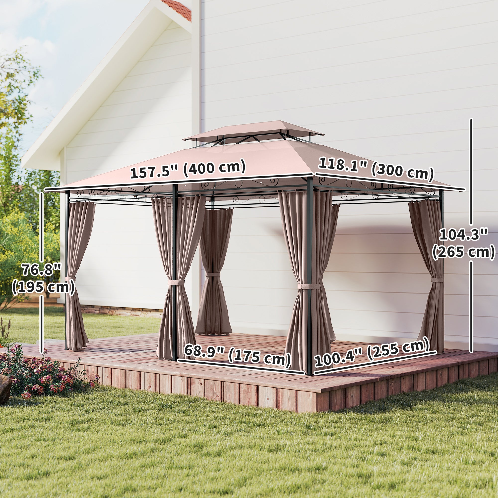 10' x 13' Patio Gazebo, 2-Tier Sunshade with UV Protection, Khaki-DECOROLALA