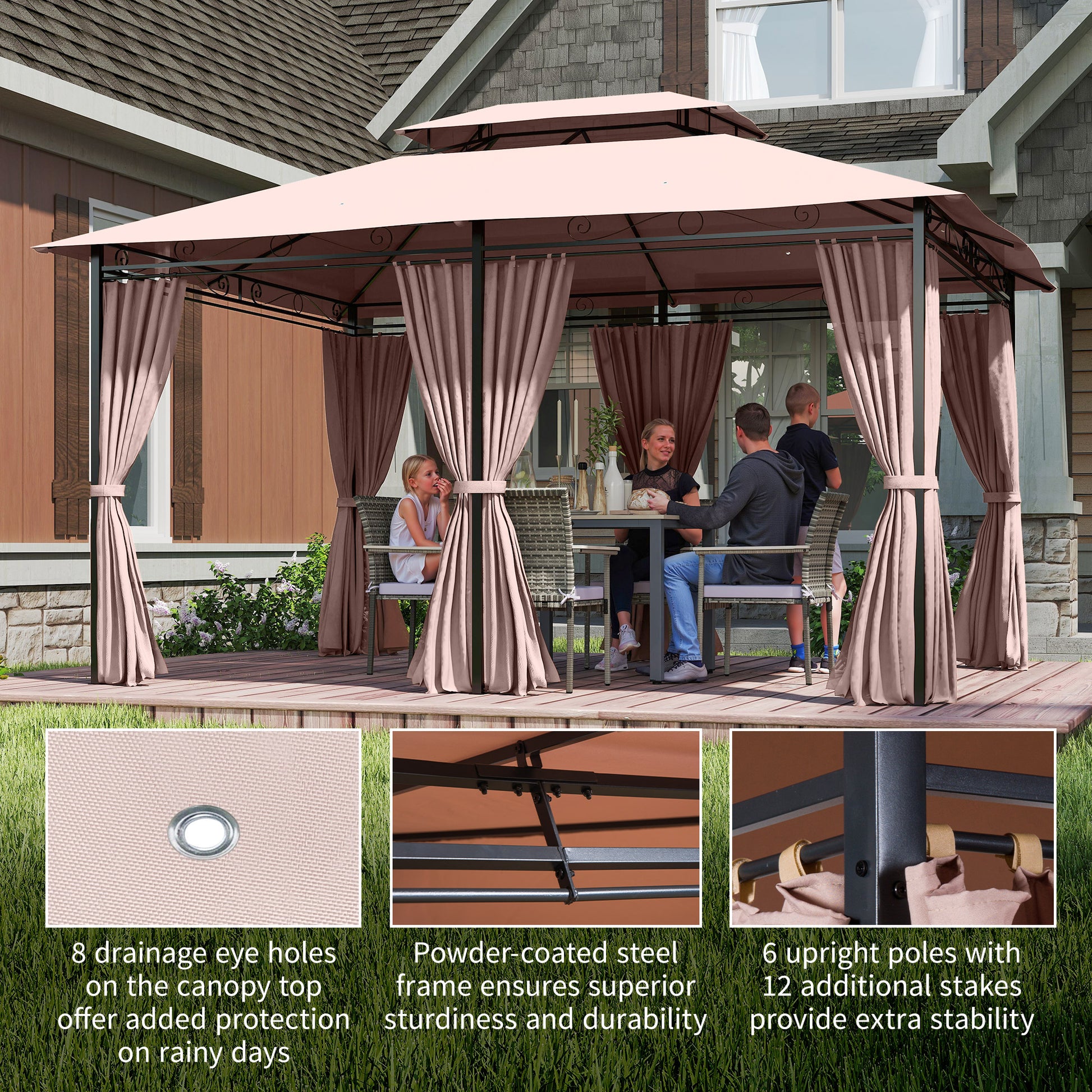 10' x 13' Patio Gazebo, 2-Tier Sunshade with UV Protection, Khaki-DECOROLALA