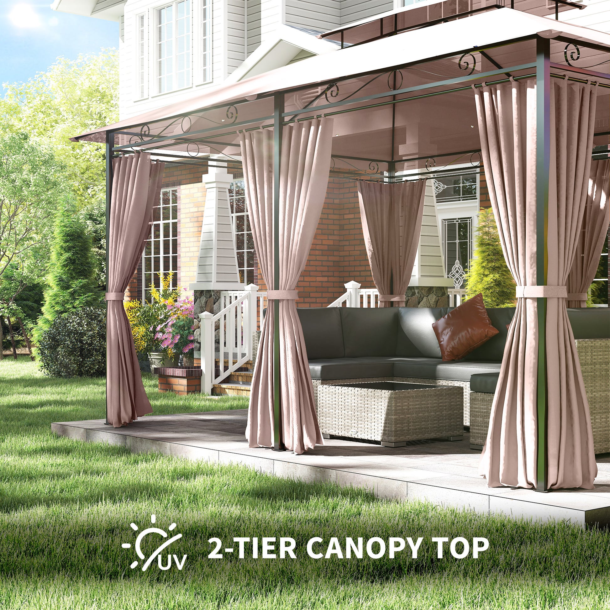 10' x 13' Patio Gazebo, 2-Tier Sunshade with UV Protection, Khaki-DECOROLALA