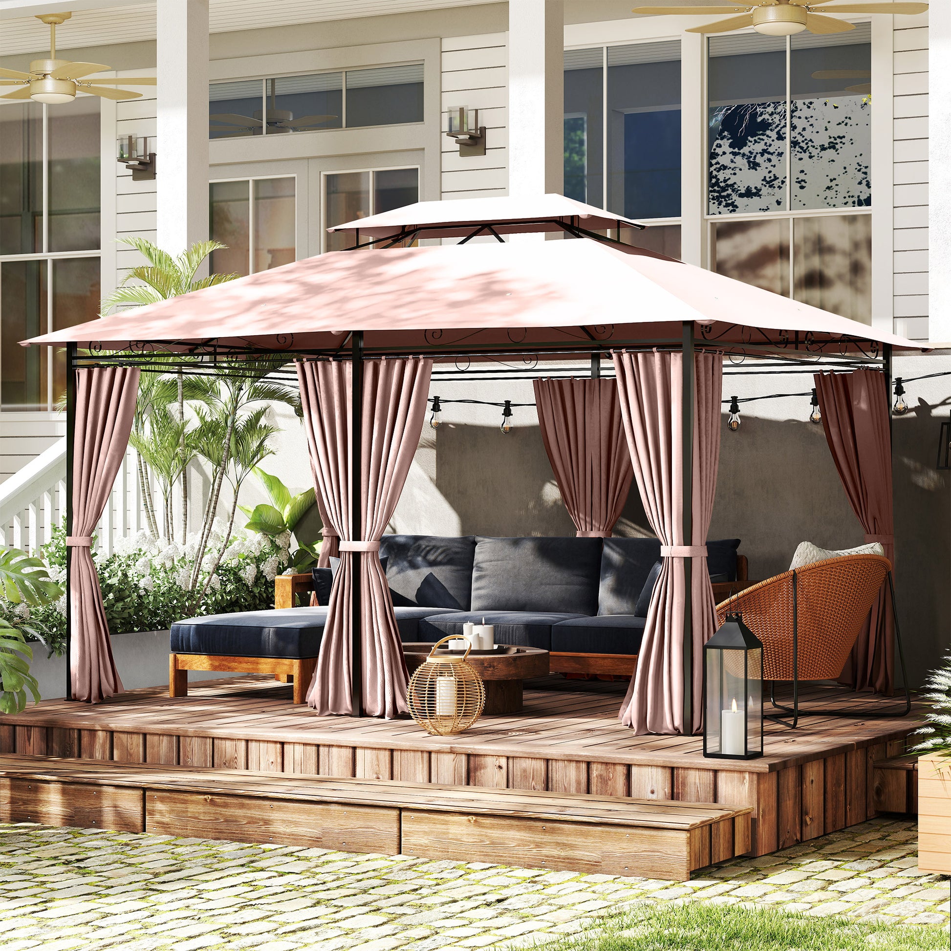 10' x 13' Patio Gazebo, 2-Tier Sunshade with UV Protection, Khaki-DECOROLALA