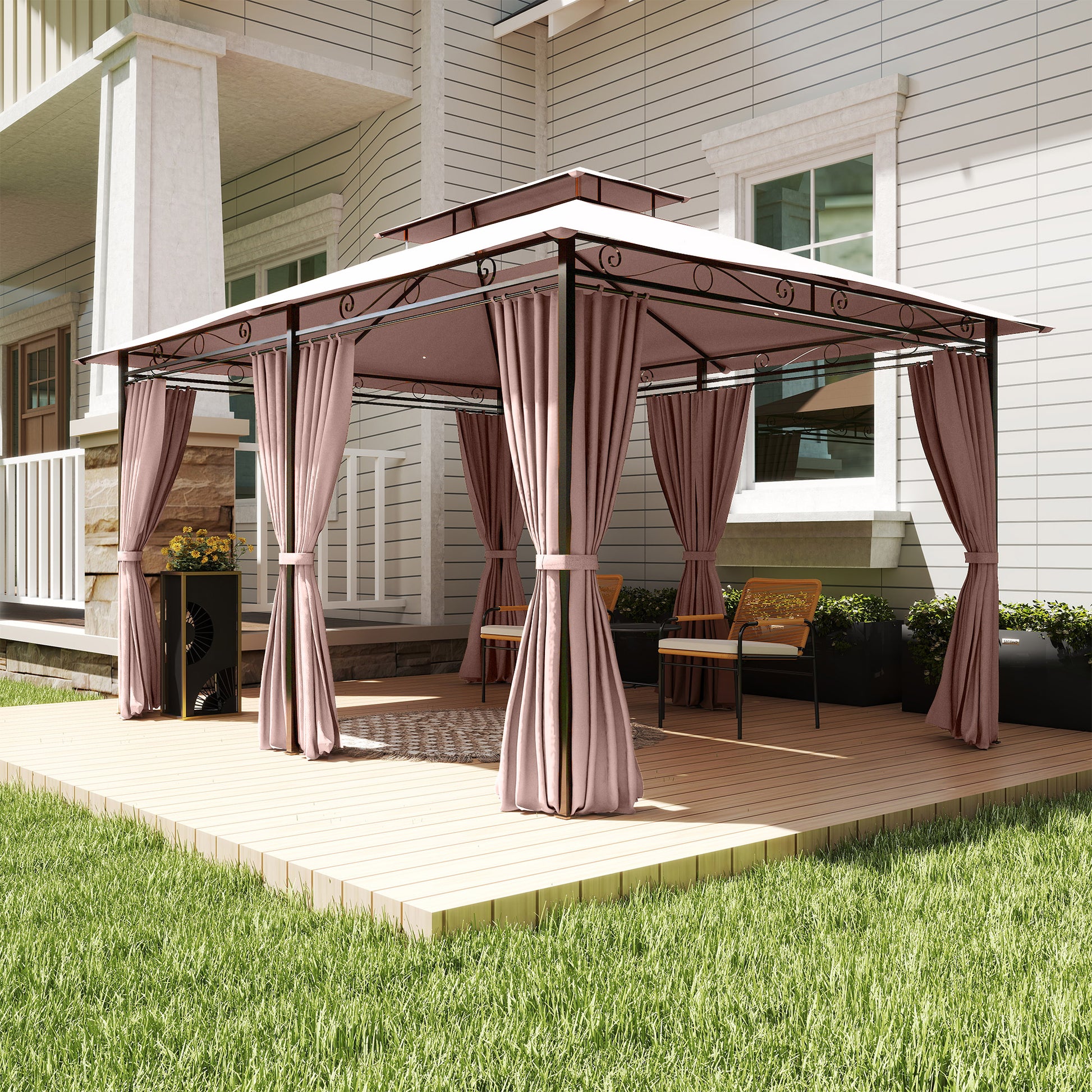 10' x 13' Patio Gazebo, 2-Tier Sunshade with UV Protection, Khaki-DECOROLALA