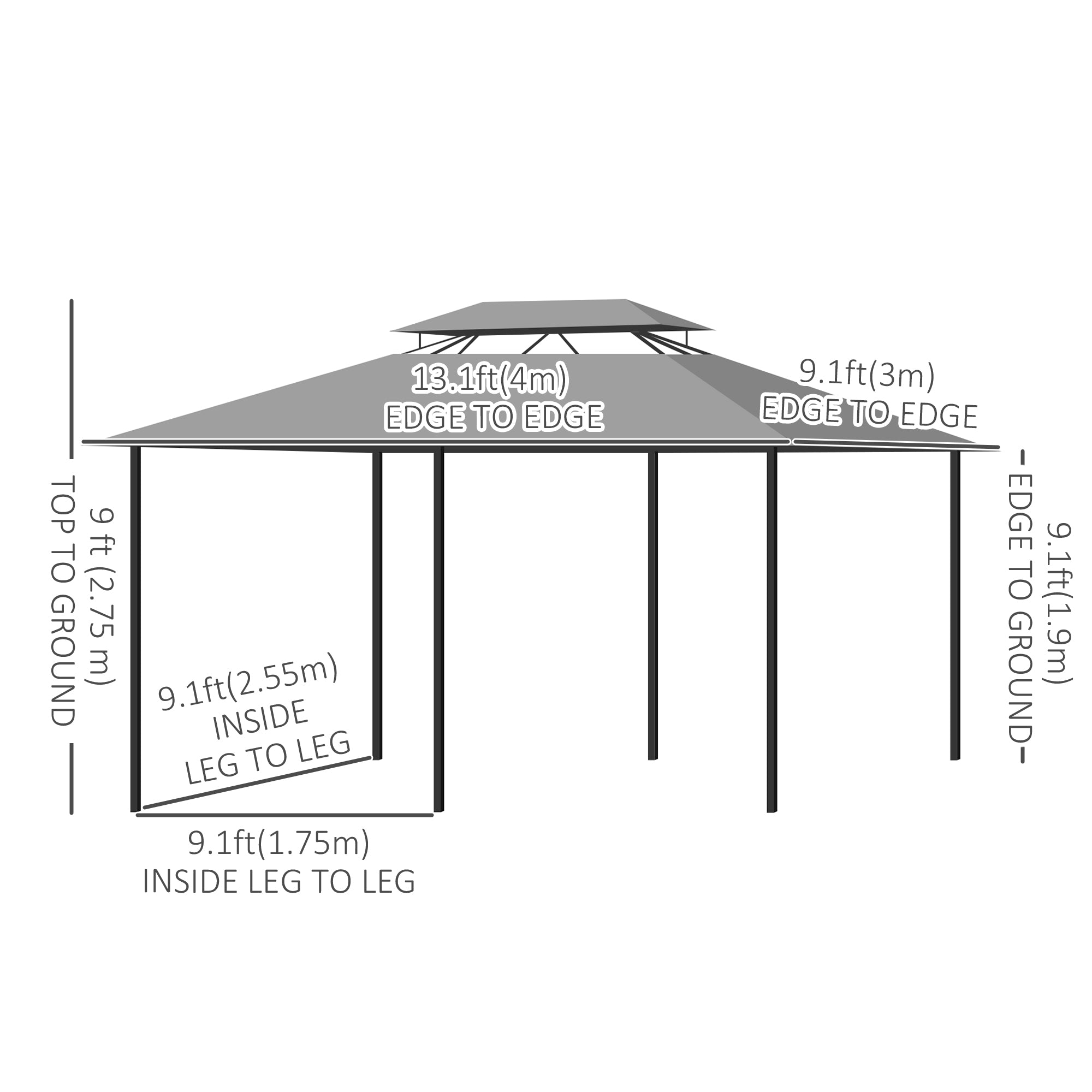 10' x 13' Patio Gazebo, Dark Grey 2-Tier Canopy Shelter with Curtains-DECOROLALA